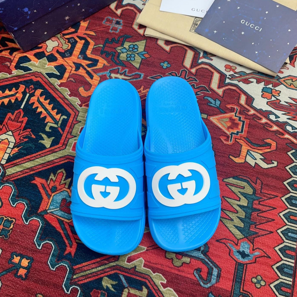 GG INTERLOCKING G SLIDE SANDAL BRIGHT BLUE RUBBER