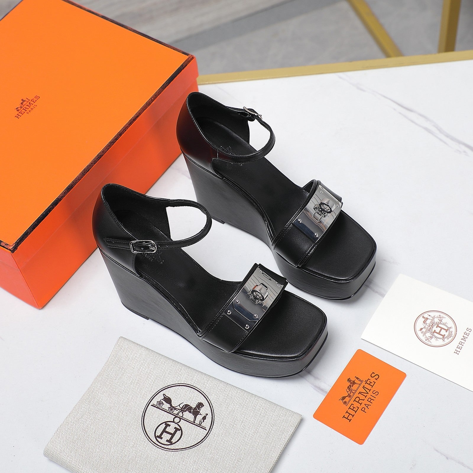 WEDGES SANDALS BLACK LAMBSKIN