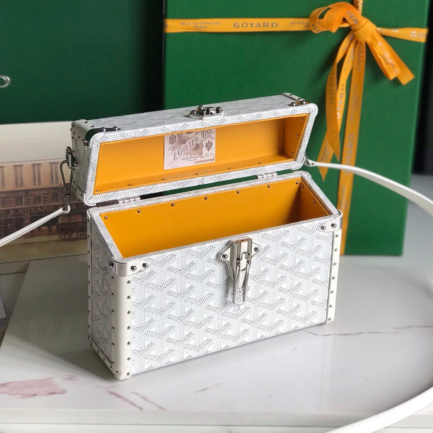 CASSETTE TRUNK BAG 21 IN WHITE GOYARDINE CANVAS & CLAMECY COWHIDE