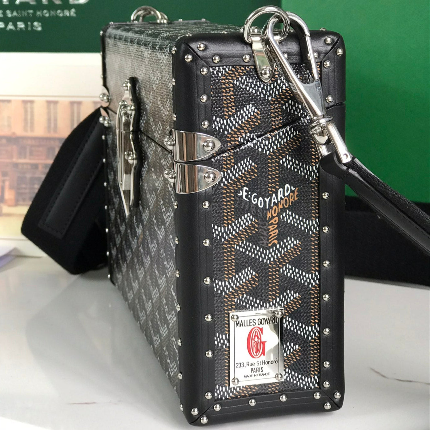 CASSETTE TRUNK BAG 21 IN BLACK GOYARDINE CANVAS & CLAMECY COWHIDE