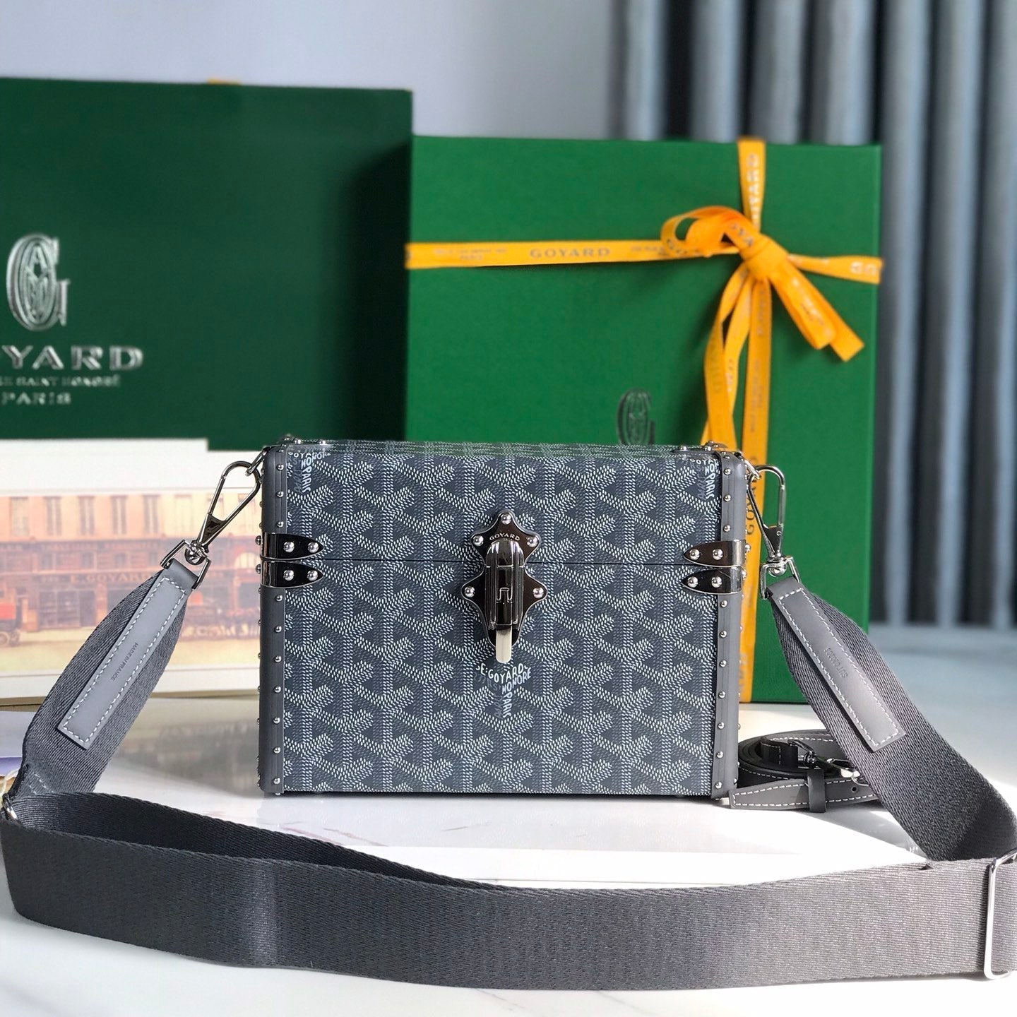 CASSETTE TRUNK BAG 21 IN GREY GOYARDINE CANVAS & CLAMECY COWHIDE