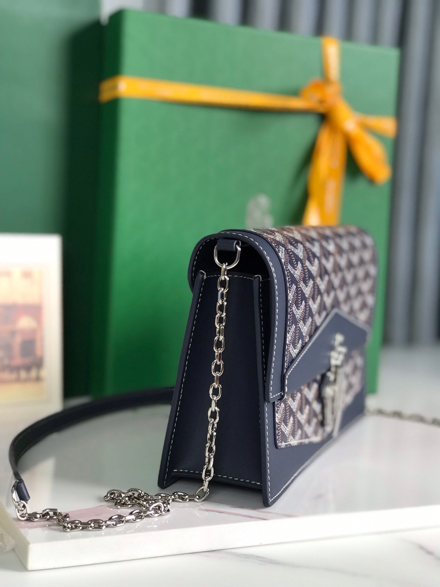 DUCHESSE MARIE-CAROLINE BAG 25 IN NAVY BLUE GOYARDINE CANVAS AND SMOOTH CALFSKIN