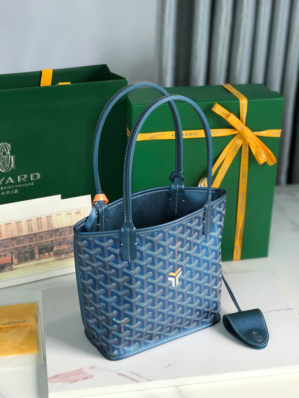 ANJOU MINI BAG 20 IN NAVY BLUE  CALFSKIN AND GOYARDINE CANVAS