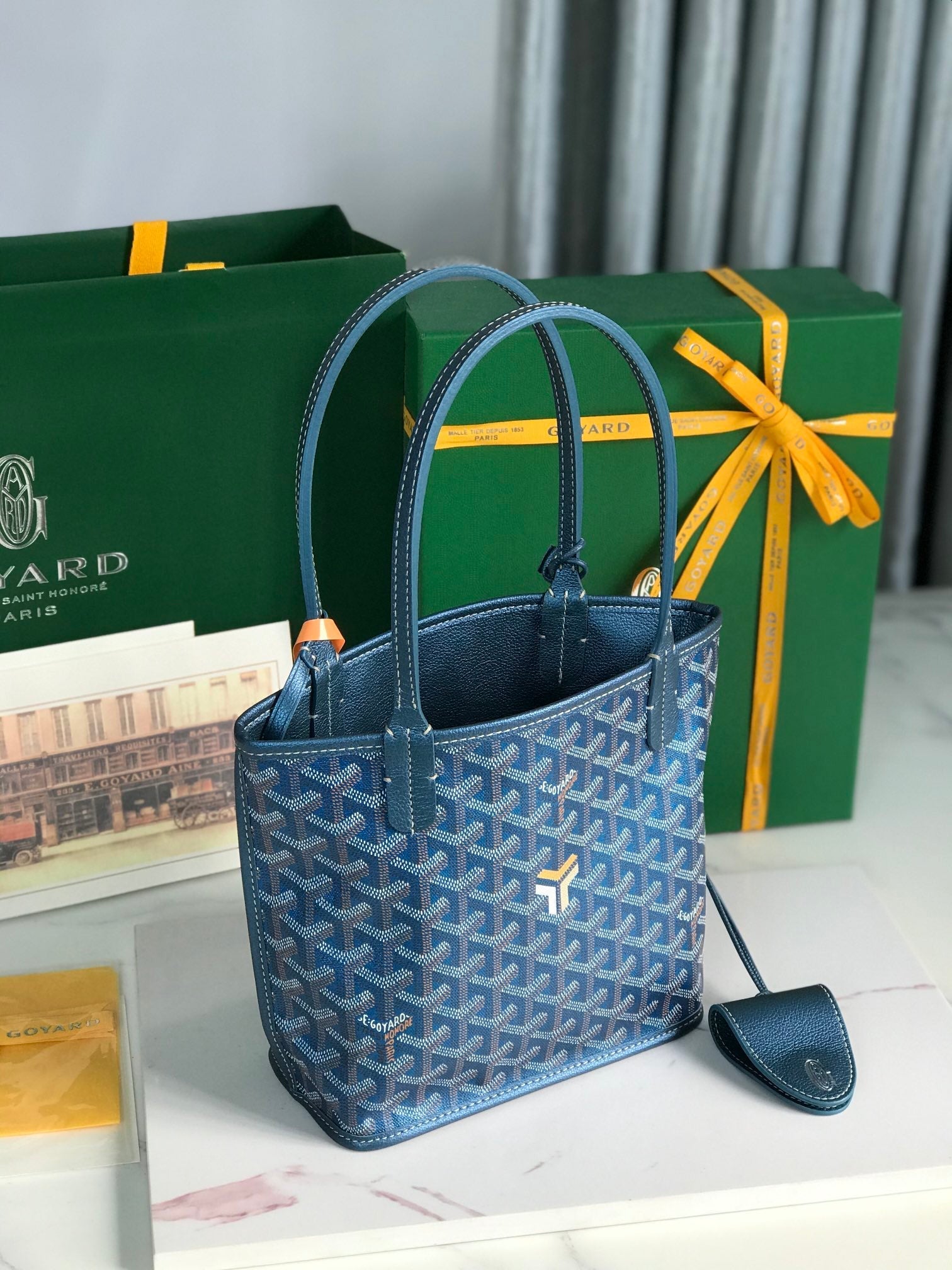 ANJOU MINI BAG 20 IN NAVY BLUE  CALFSKIN AND GOYARDINE CANVAS