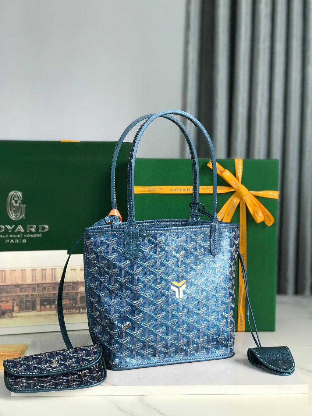 ANJOU MINI BAG 20 IN NAVY BLUE  CALFSKIN AND GOYARDINE CANVAS