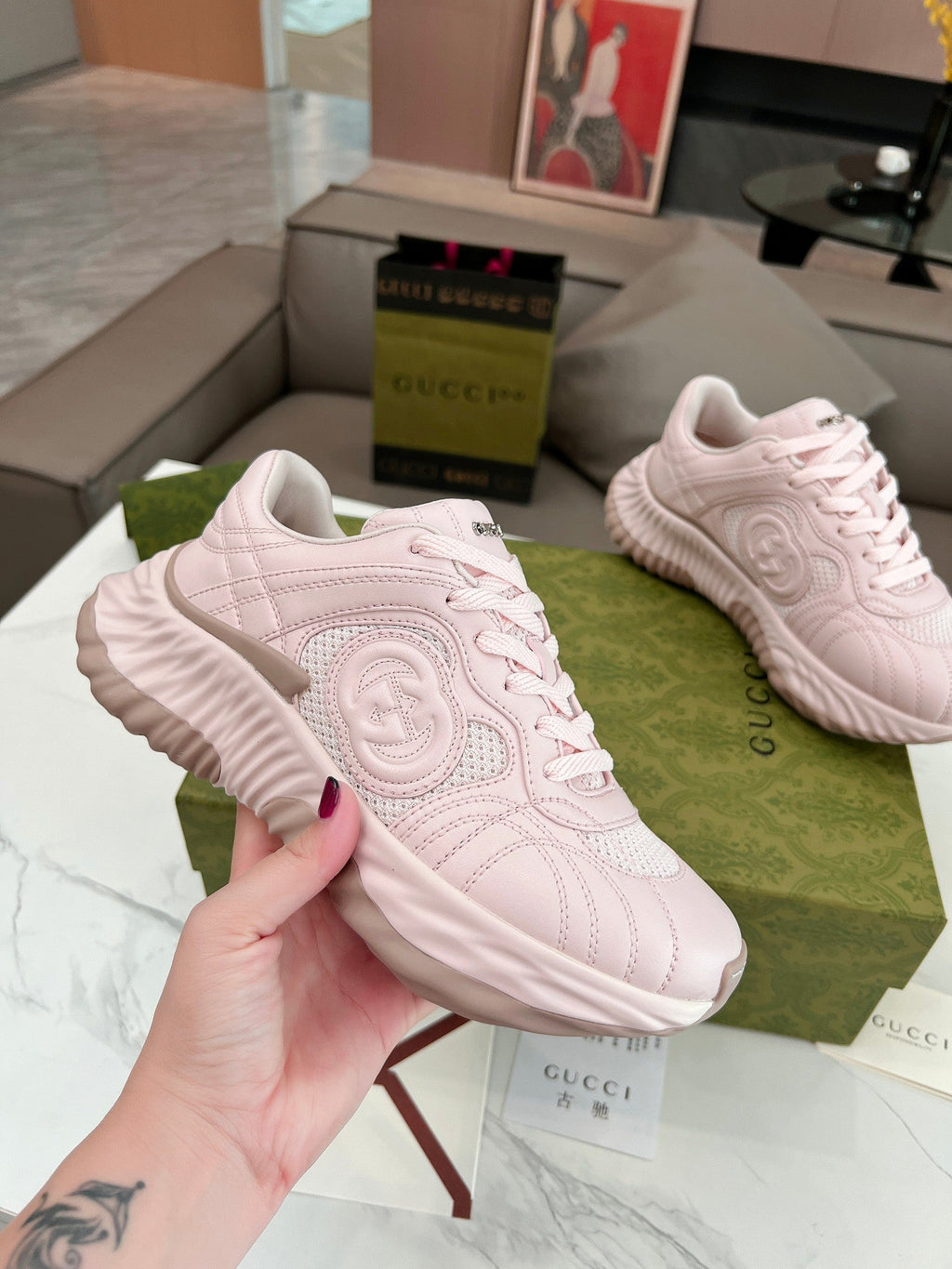 GG RIPPLE TRAINER LIGHT PASTEL PINK LAMBSKIN