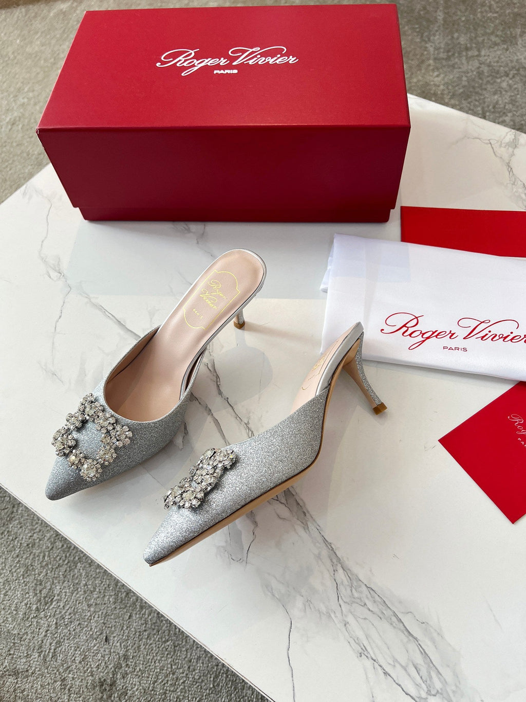 EFFLORESCENCE MULES IN SILVER SATIN EMBELLISHED GLITTER