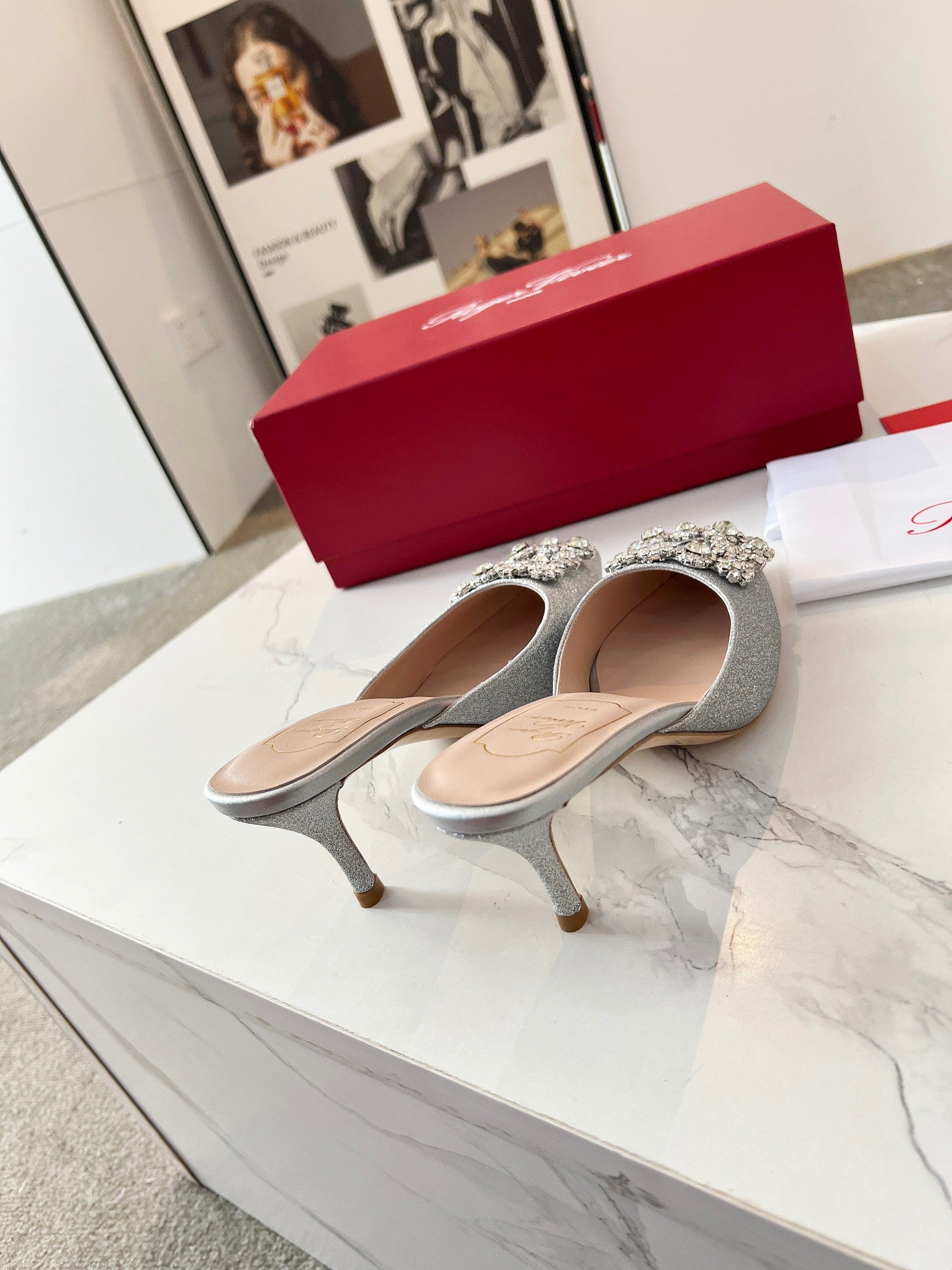 EFFLORESCENCE MULES IN SILVER SATIN EMBELLISHED GLITTER