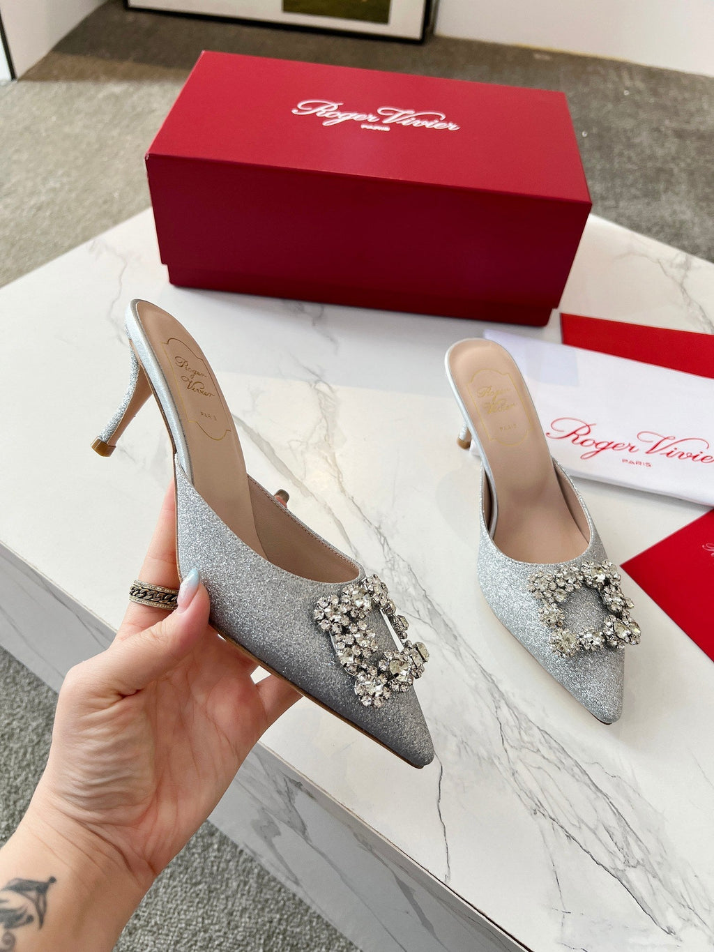 EFFLORESCENCE MULES IN SILVER SATIN EMBELLISHED GLITTER