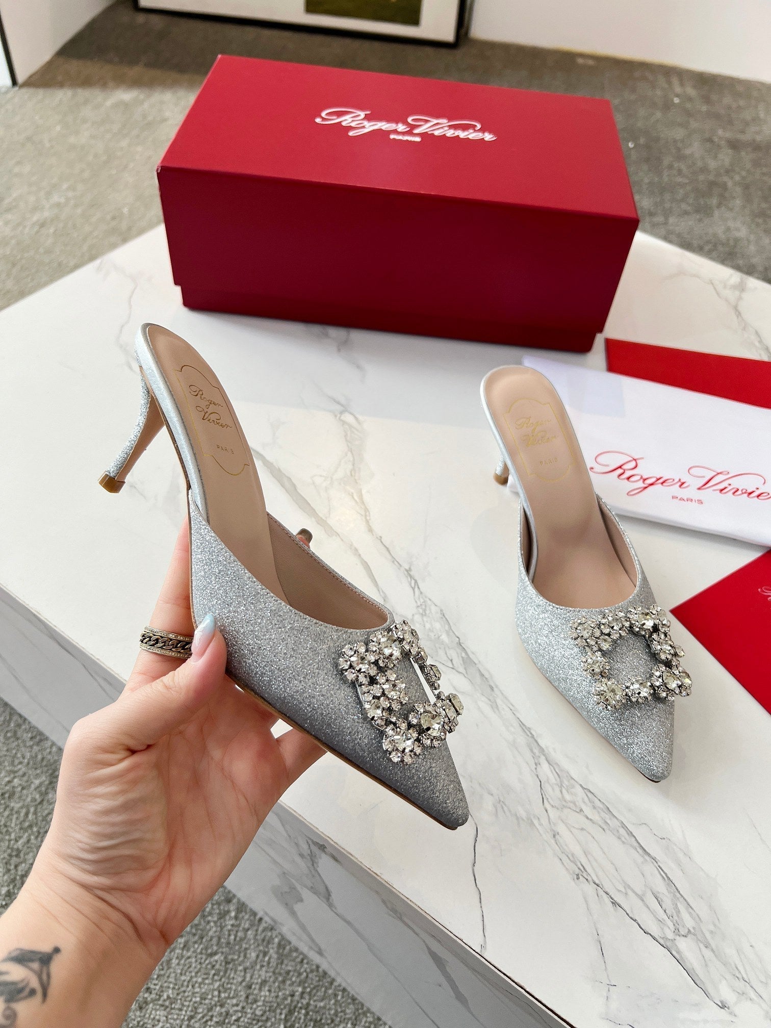 EFFLORESCENCE MULES IN SILVER SATIN EMBELLISHED GLITTER