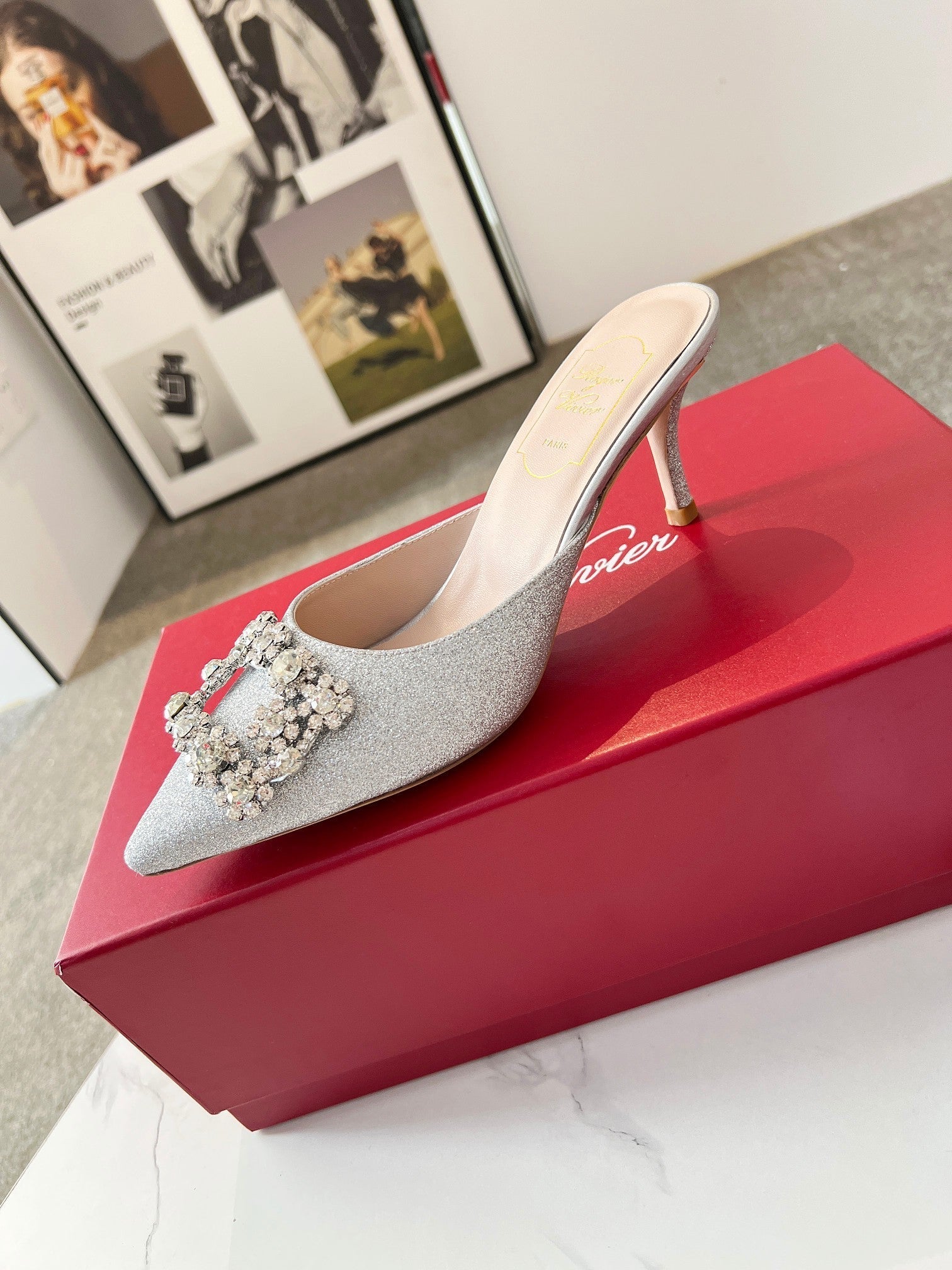 EFFLORESCENCE MULES IN SILVER SATIN EMBELLISHED GLITTER