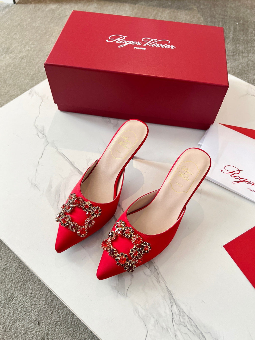 EFFLORESCENCE MULES IN RED SATIN