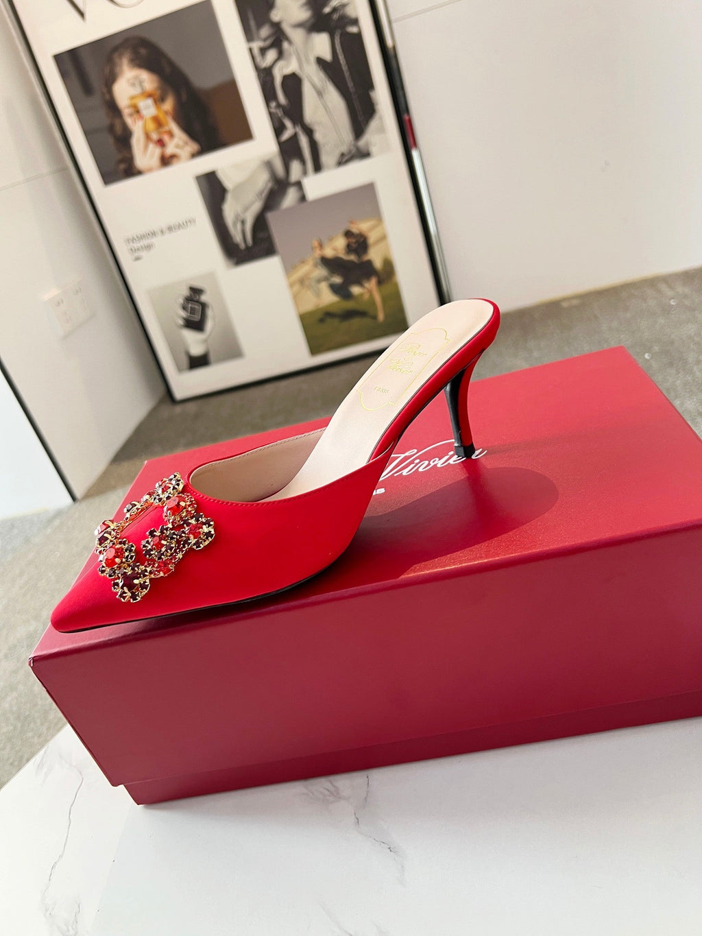 EFFLORESCENCE MULES IN RED SATIN
