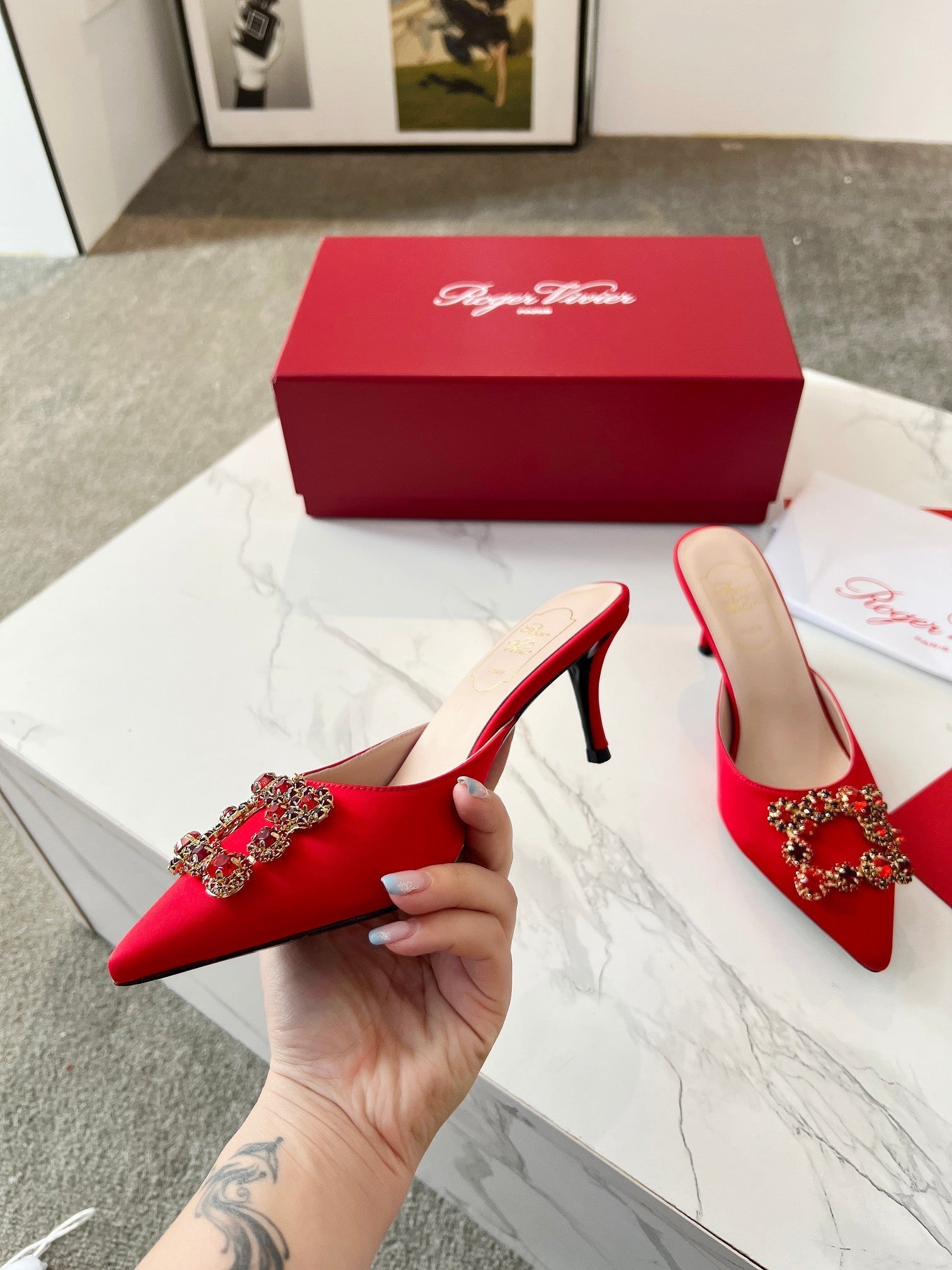 EFFLORESCENCE MULES IN RED SATIN