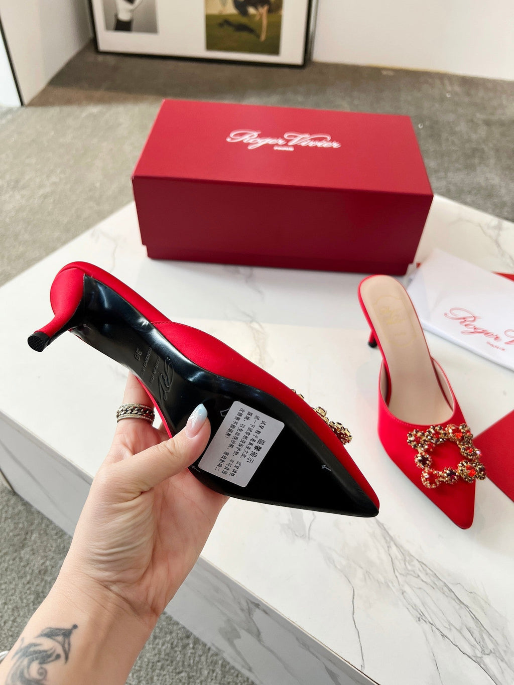 EFFLORESCENCE MULES IN RED SATIN