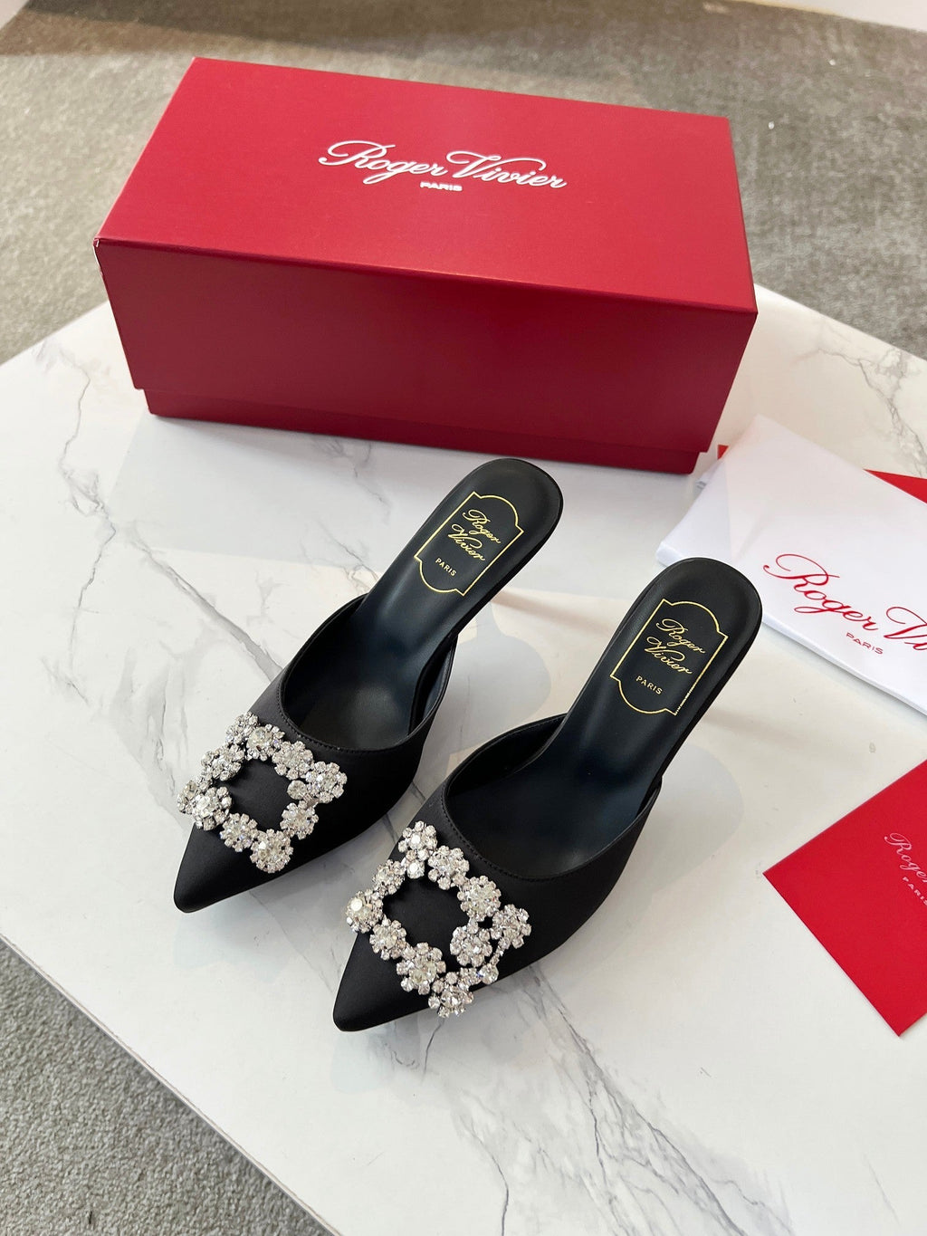 EFFLORESCENCE MULES IN BLACK SATIN