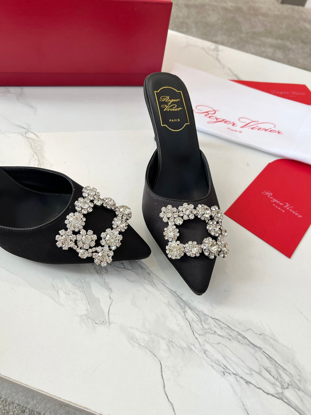 EFFLORESCENCE MULES IN BLACK SATIN