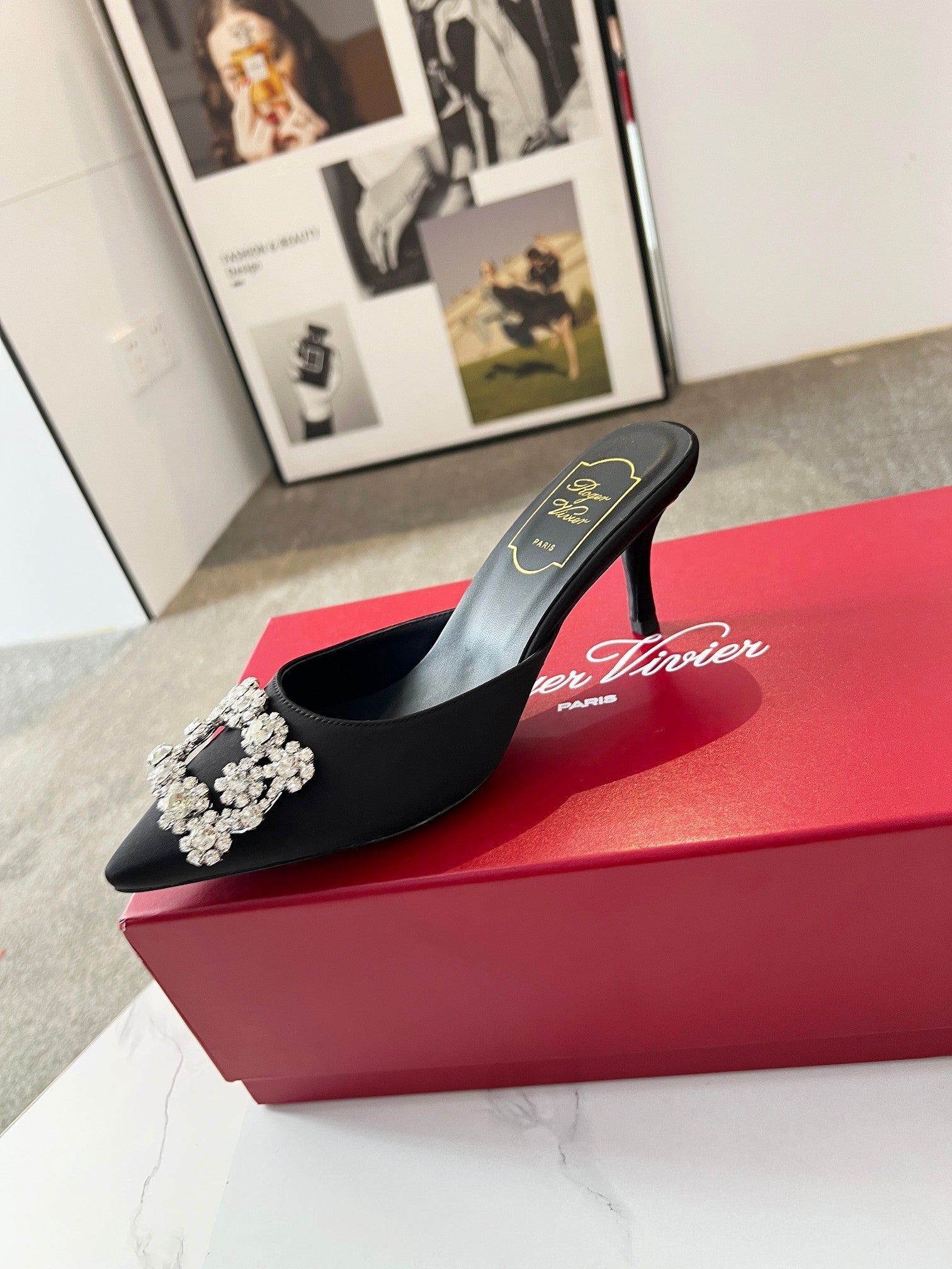 EFFLORESCENCE MULES IN BLACK SATIN