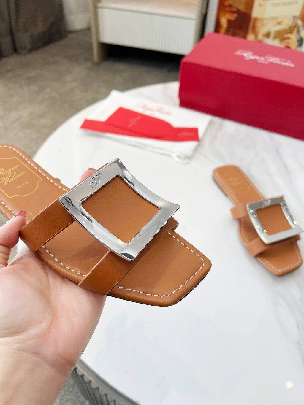 VIV' BY THE SEA MULES IN BRONZE BROWN CALFSKIN SILVER BUCKLE