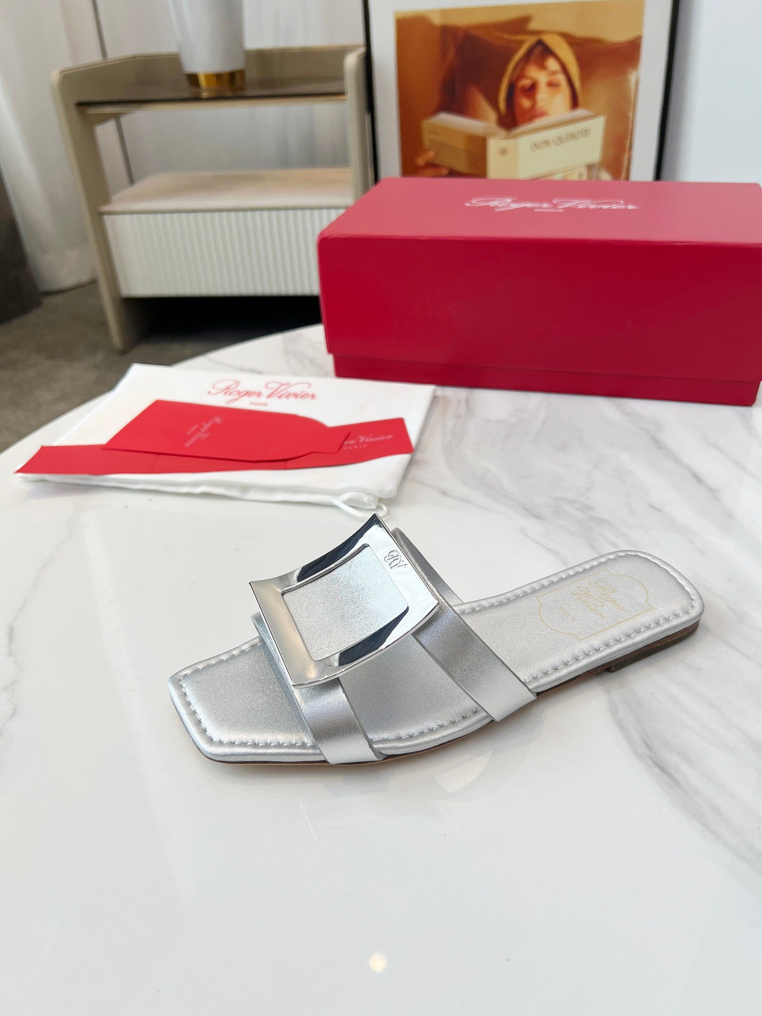 VIV' BY THE SEA MULES IN SILVER CALFSKIN SILVER BUCKLE