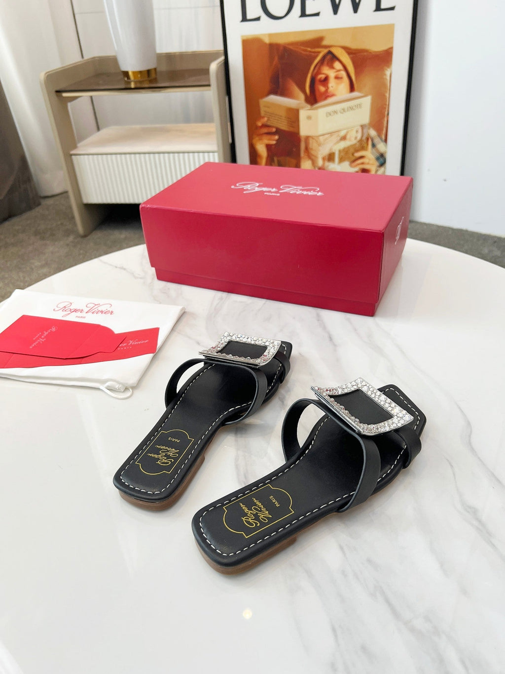 VIV' BY THE SEA MULES IN BLACK CALFSKIN CRYSTAL BUCKLE