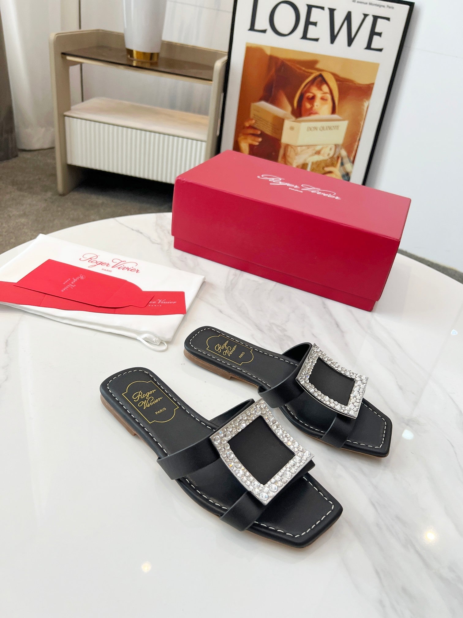 VIV' BY THE SEA MULES IN BLACK CALFSKIN CRYSTAL BUCKLE