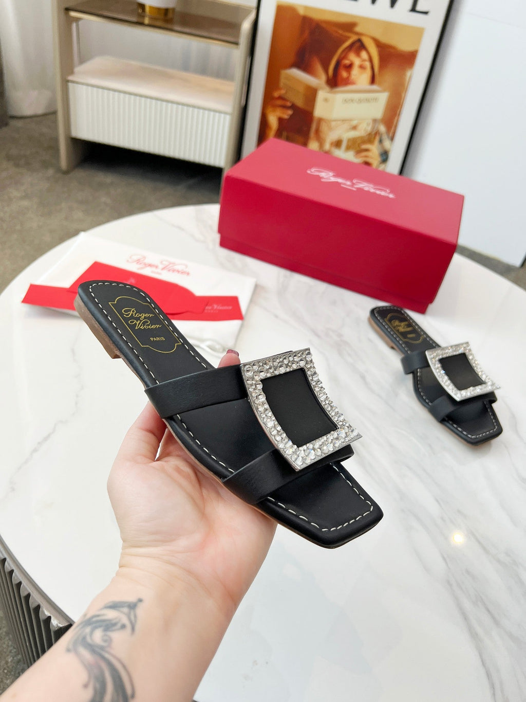 VIV' BY THE SEA MULES IN BLACK CALFSKIN CRYSTAL BUCKLE