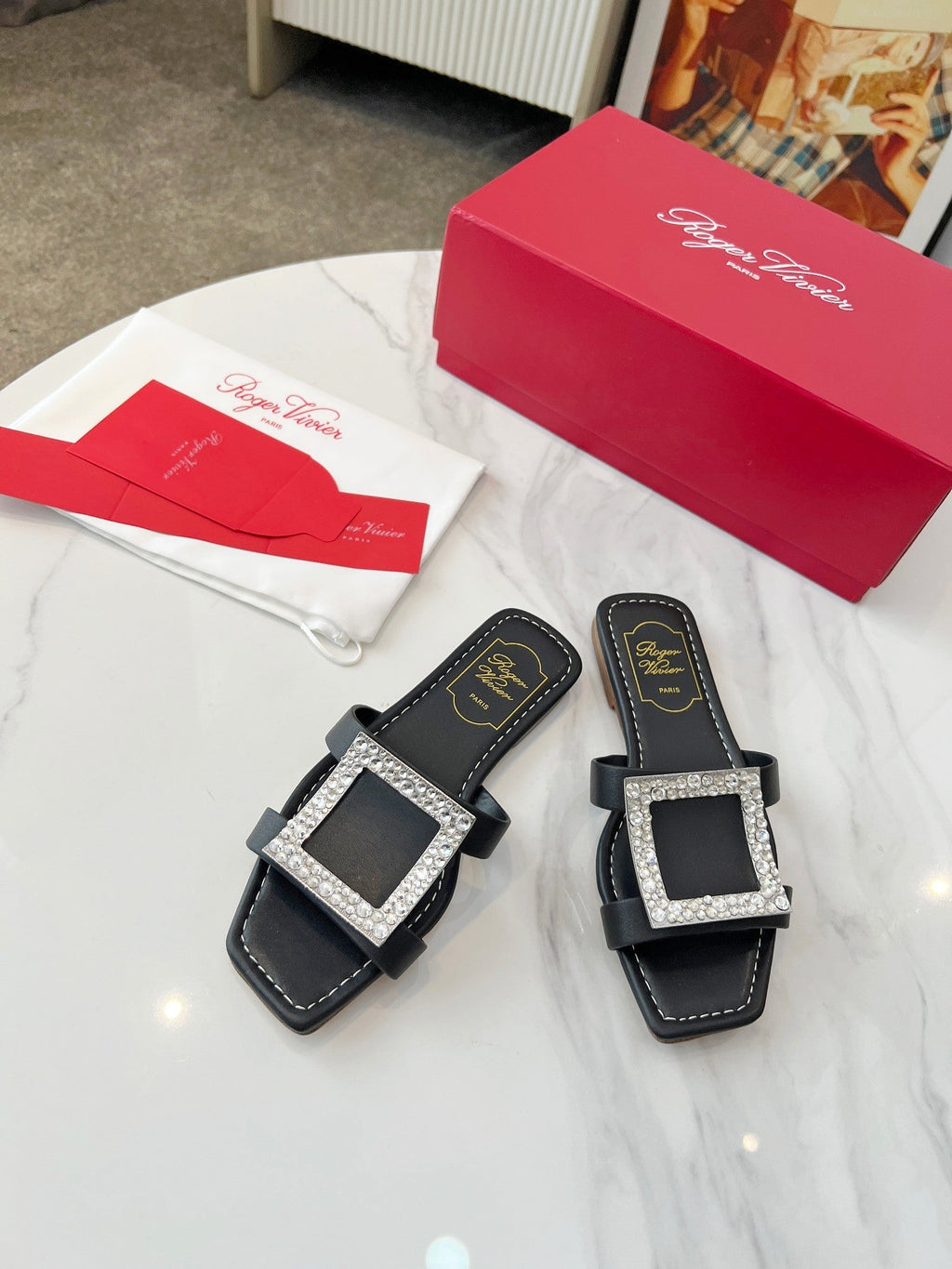 VIV' BY THE SEA MULES IN BLACK CALFSKIN CRYSTAL BUCKLE