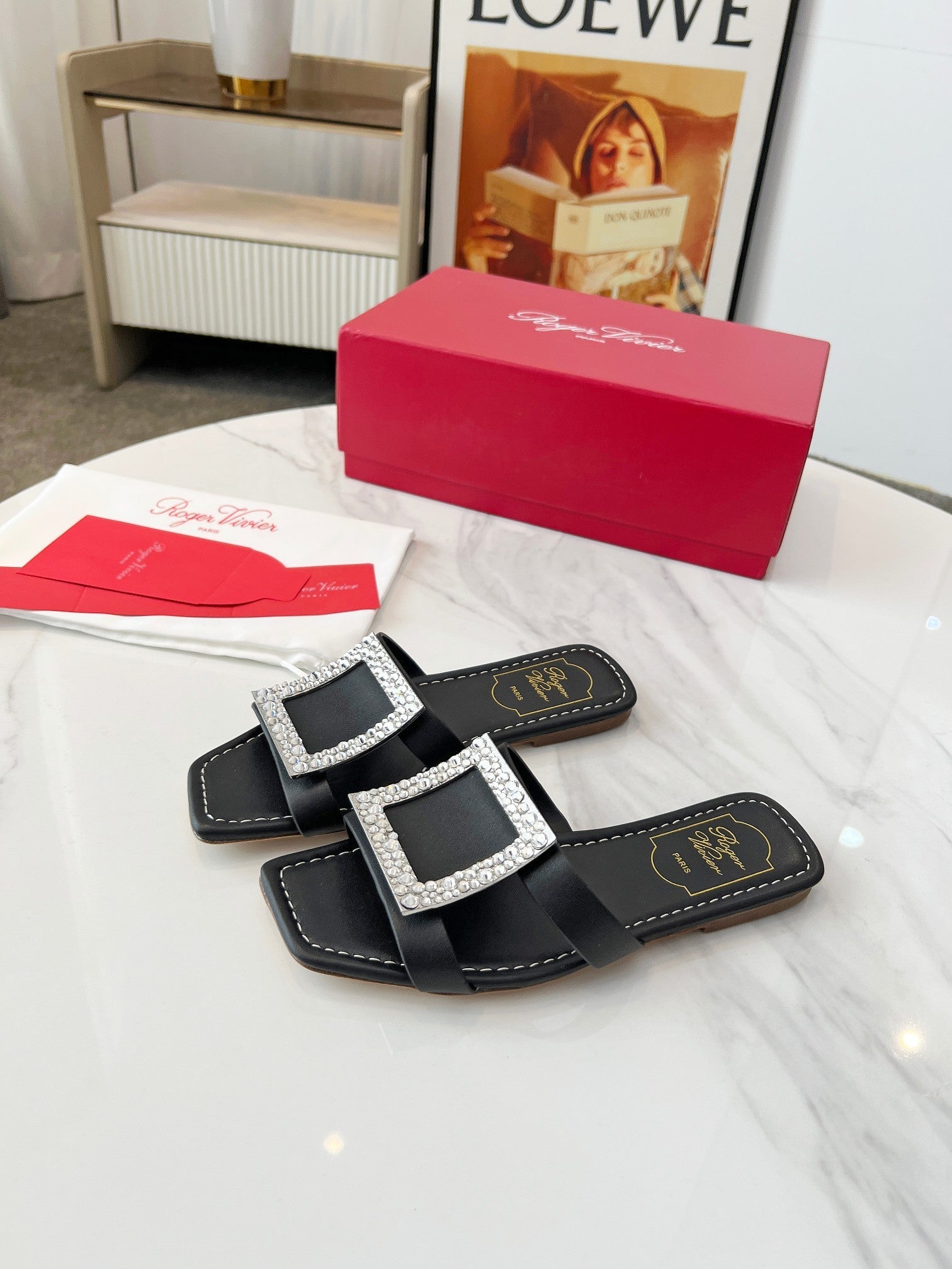 VIV' BY THE SEA MULES IN BLACK CALFSKIN CRYSTAL BUCKLE