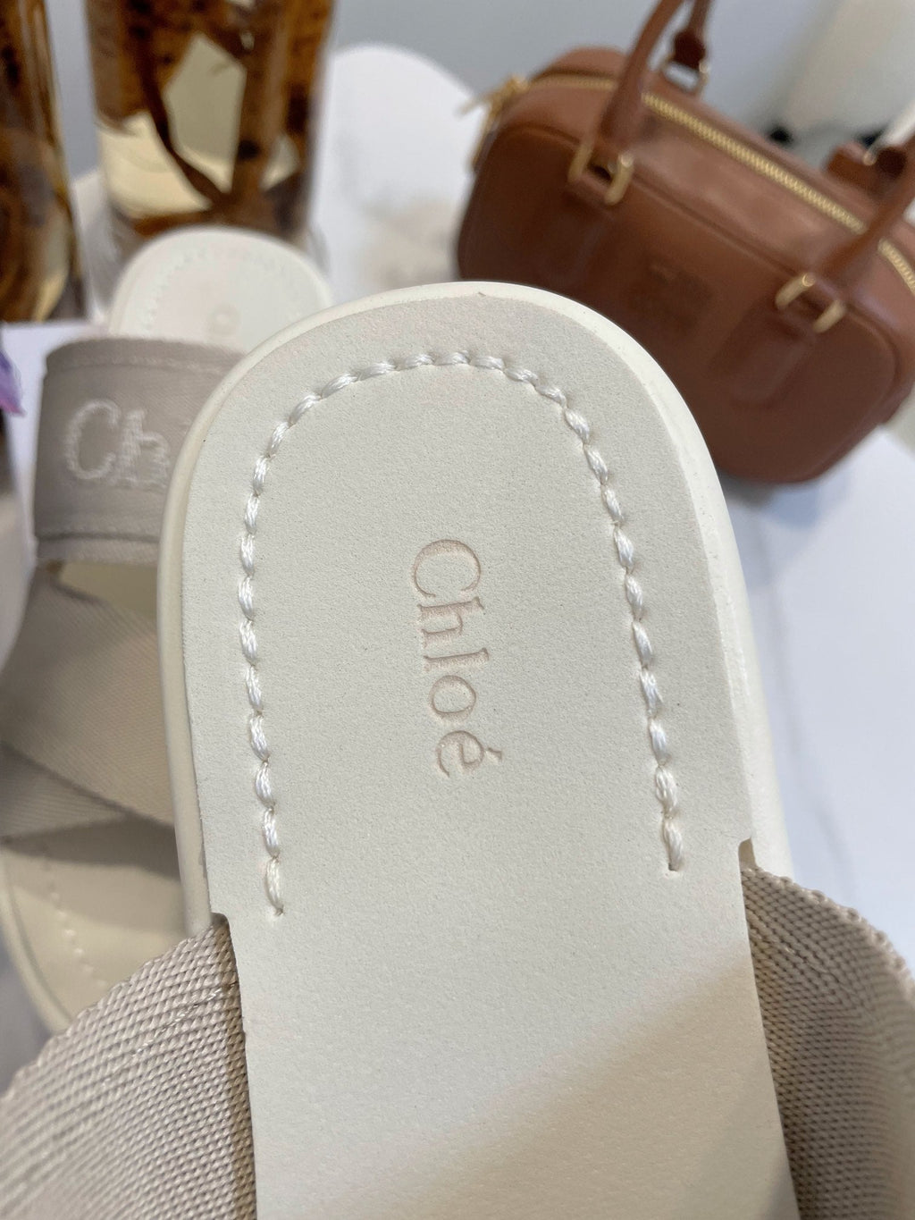 CHLOÉ WOODY WEDGE SANDALS IN DOVE GREY CANVAS WITH WHITE RUBBER SOLE