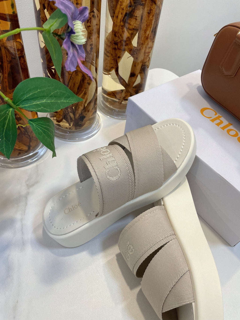 WOODY WEDGE SANDALS IN DOVE GREY CANVAS WITH WHITE RUBBER SOLE