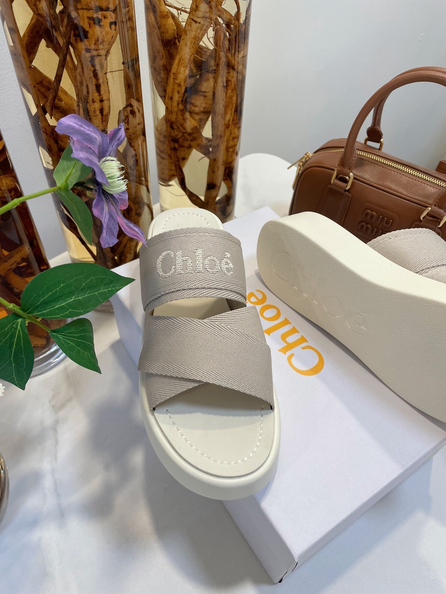 WOODY WEDGE SANDALS IN DOVE GREY CANVAS WITH WHITE RUBBER SOLE