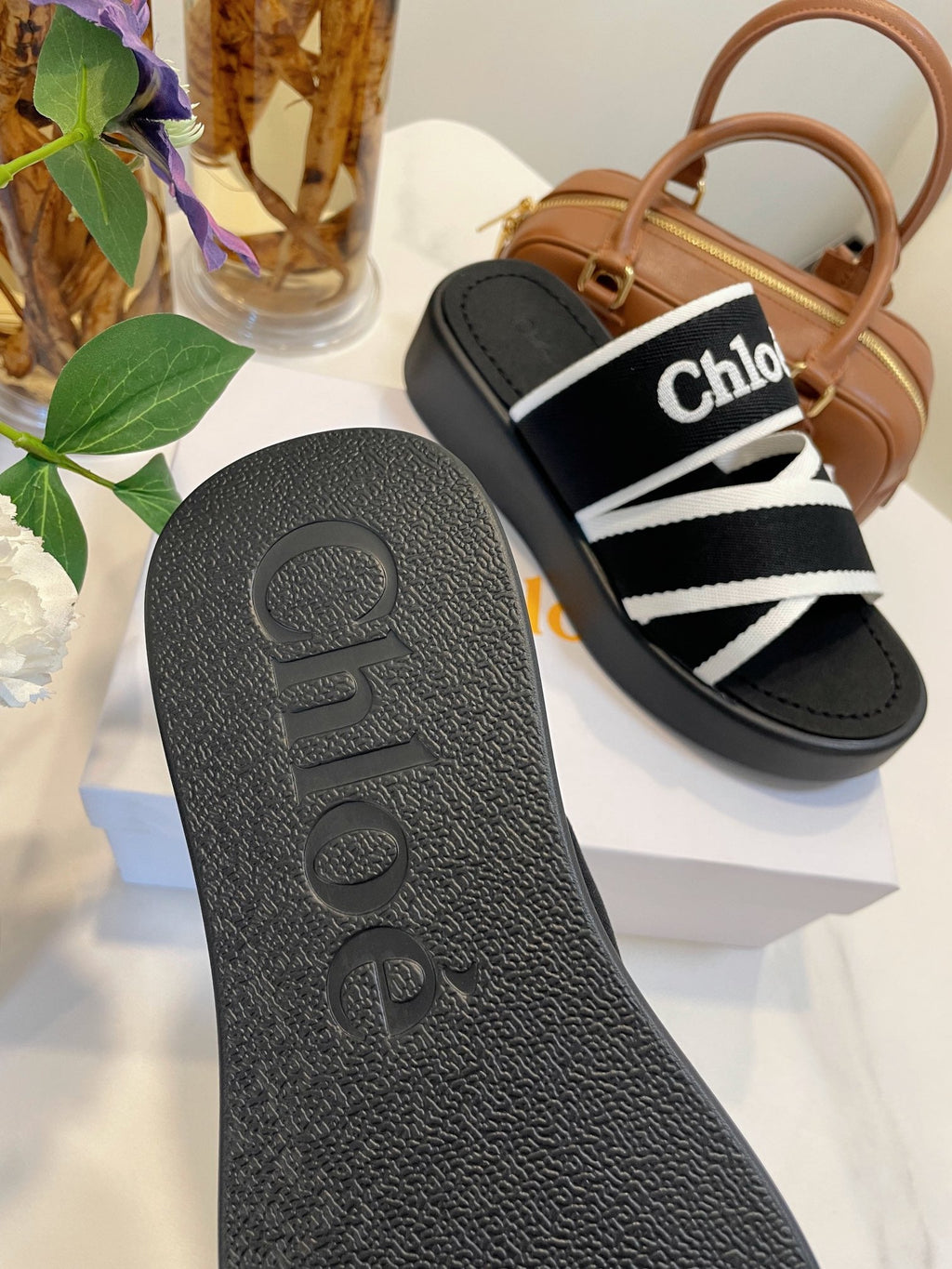 CHLOÉ WOODY WEDGE SANDALS IN BLACK MIX WHITE CANVAS WITH RUBBER SOLE