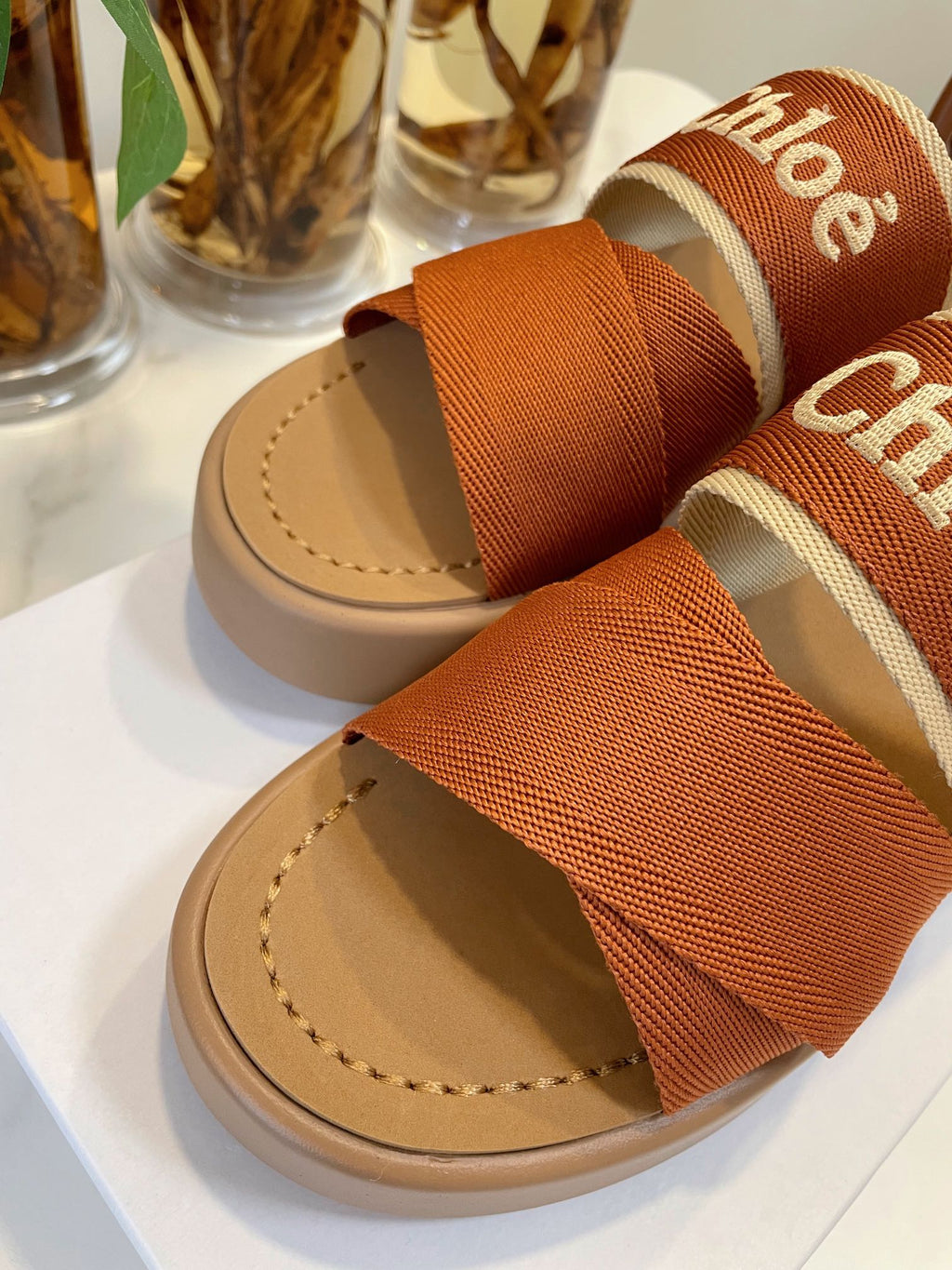 WOODY WEDGE SANDALS IN BRONZE BROWN CANVAS WITH CIDER BROWN RUBBER SOLE