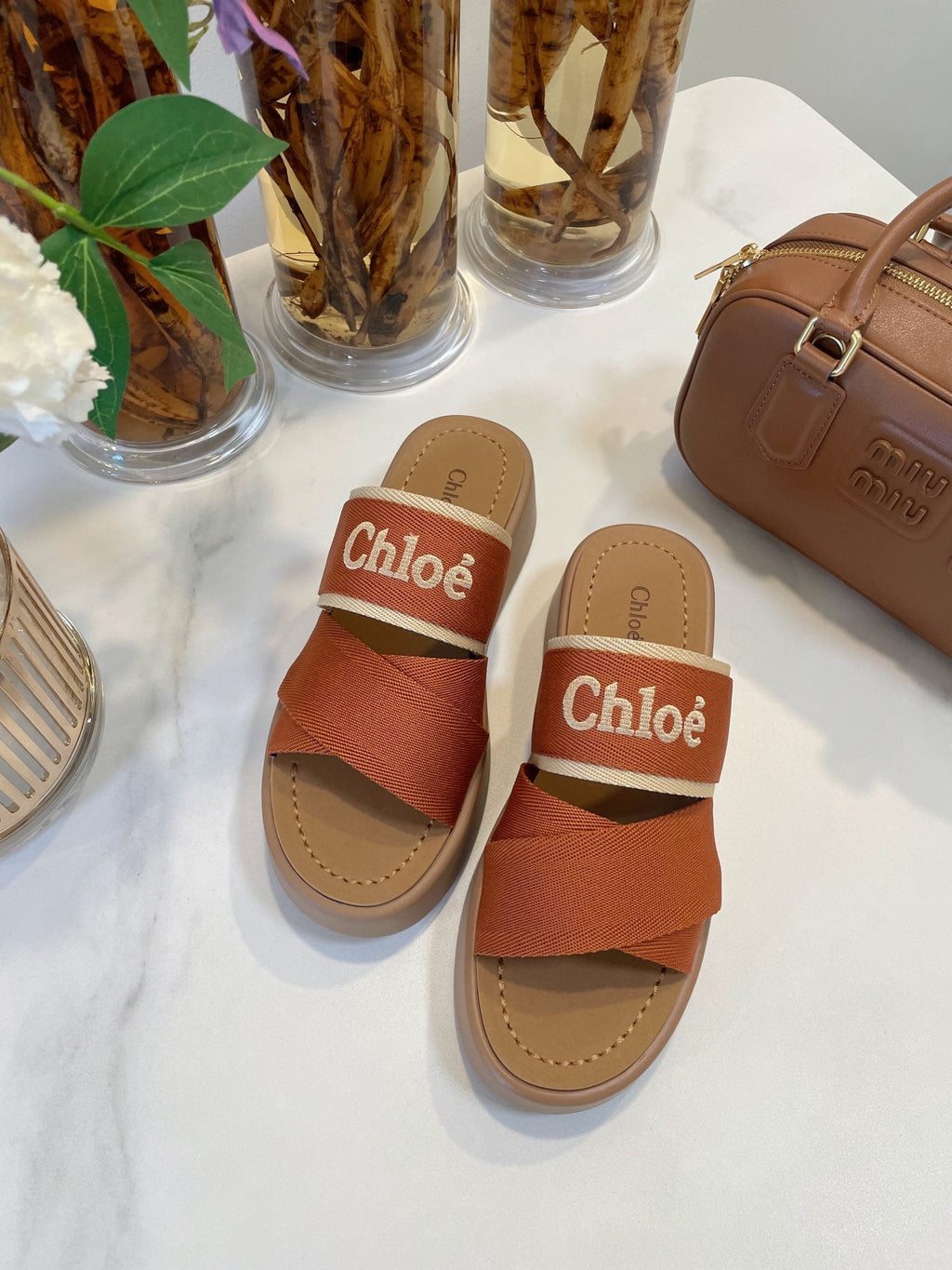 WOODY WEDGE SANDALS IN BRONZE BROWN CANVAS WITH CIDER BROWN RUBBER SOLE