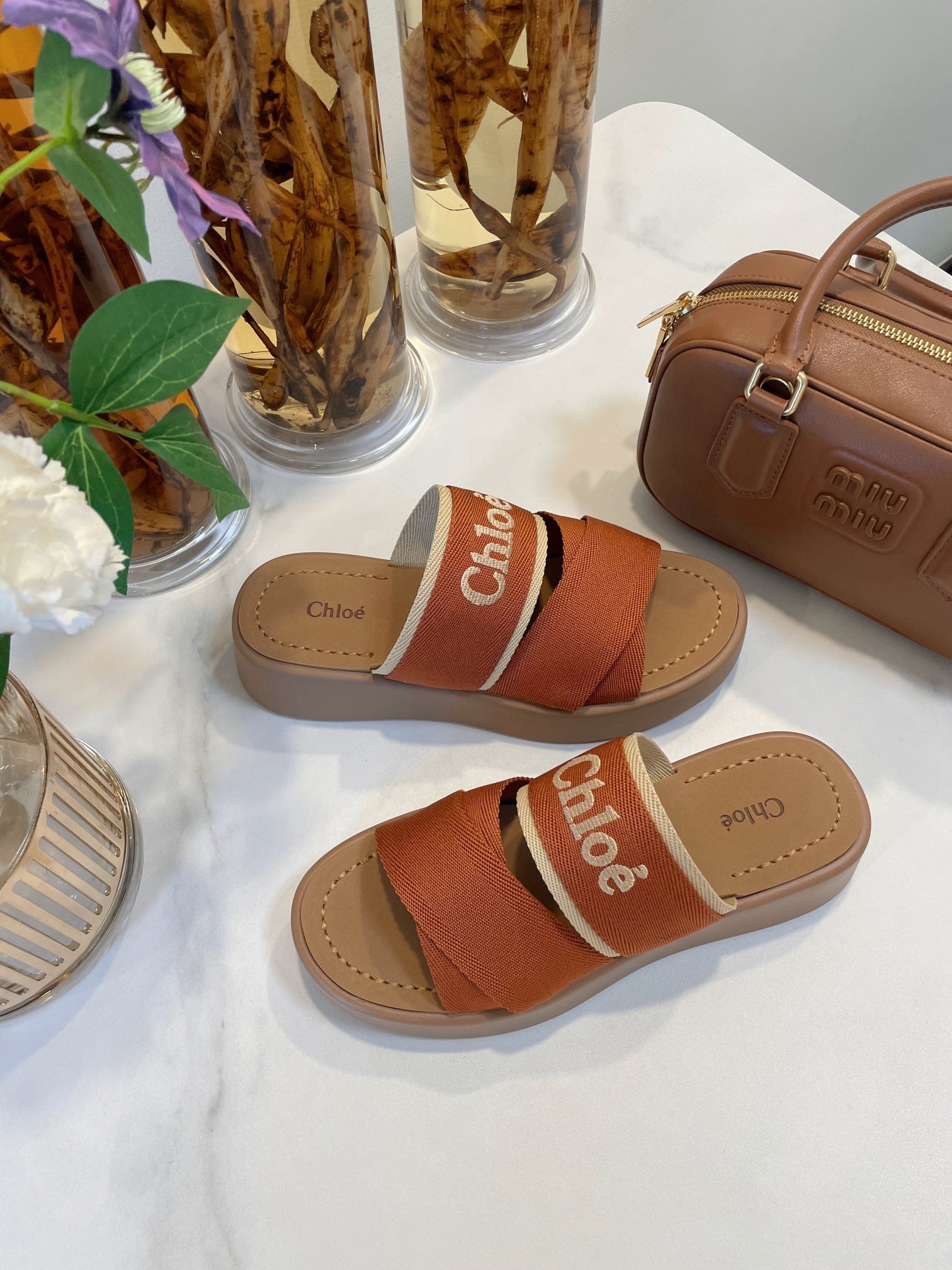 WOODY WEDGE SANDALS IN BRONZE BROWN CANVAS WITH CIDER BROWN RUBBER SOLE