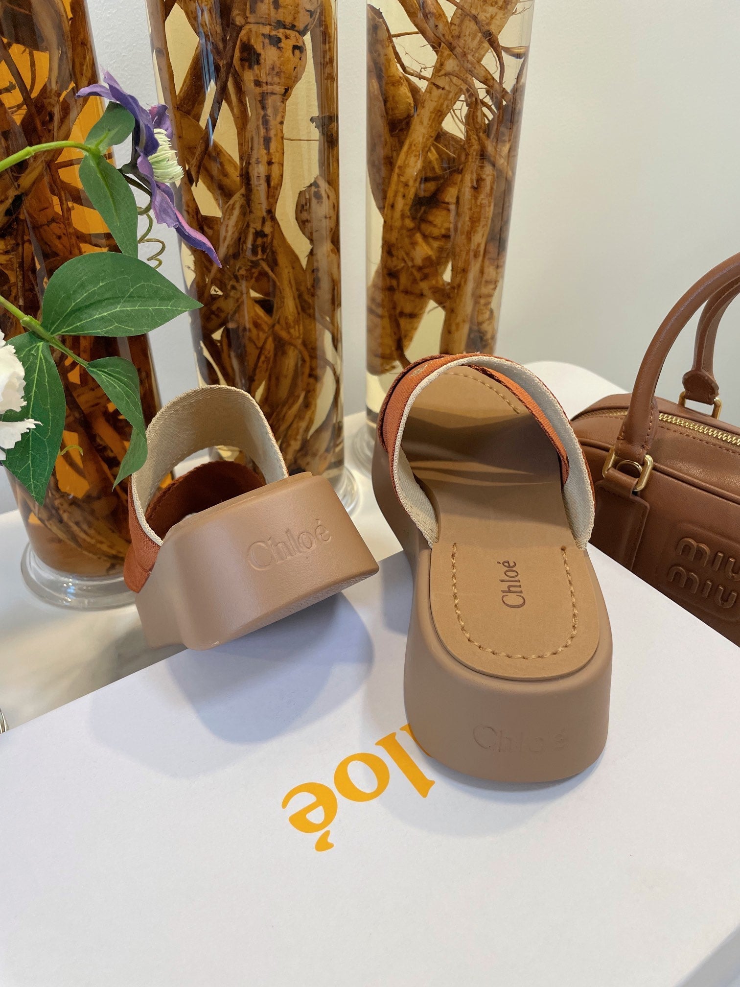 WOODY WEDGE SANDALS IN BRONZE BROWN CANVAS WITH CIDER BROWN RUBBER SOLE