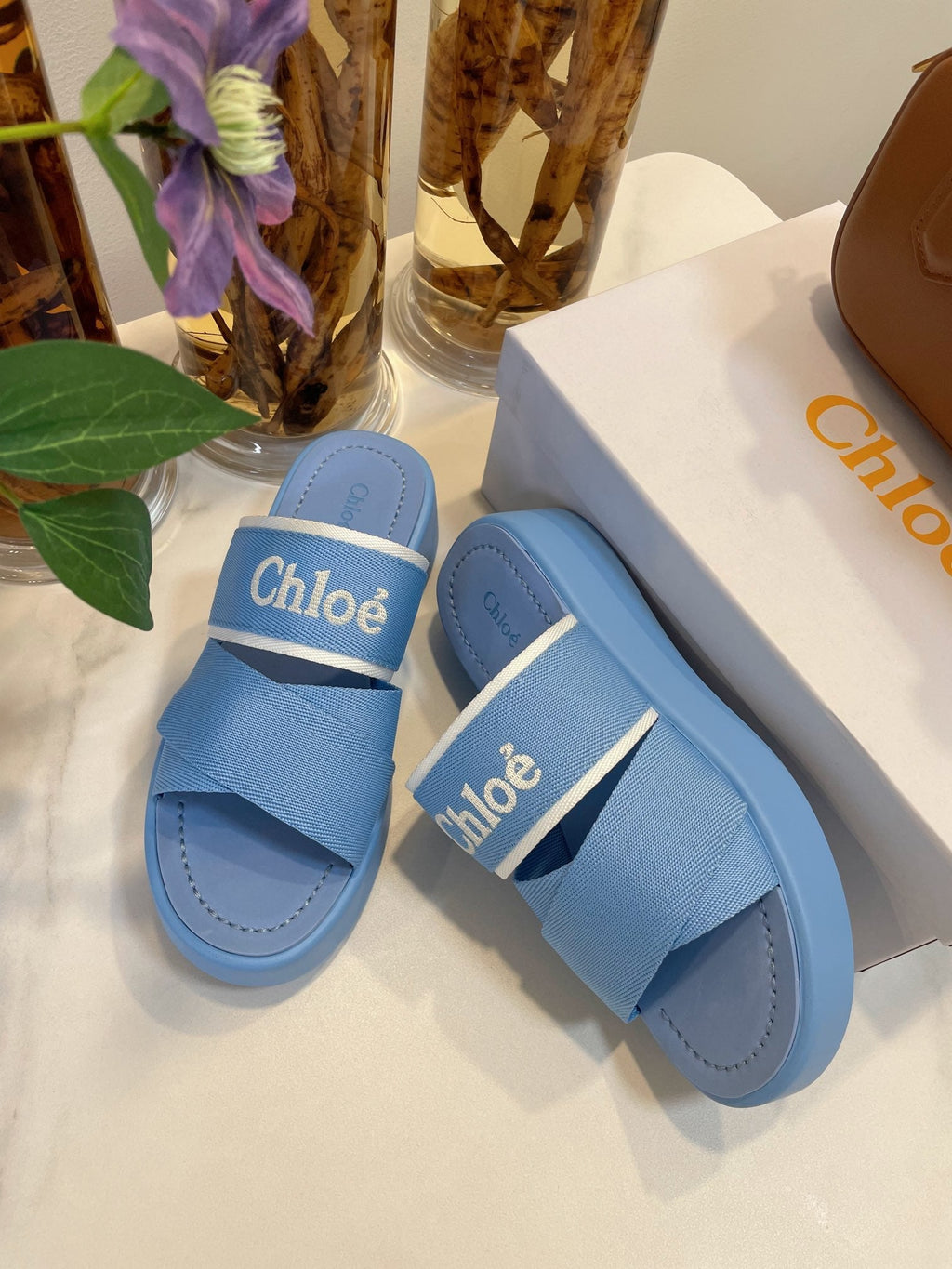 WOODY WEDGE SANDALS IN CERULEAN BLUE CANVAS WITH RUBBER SOLE