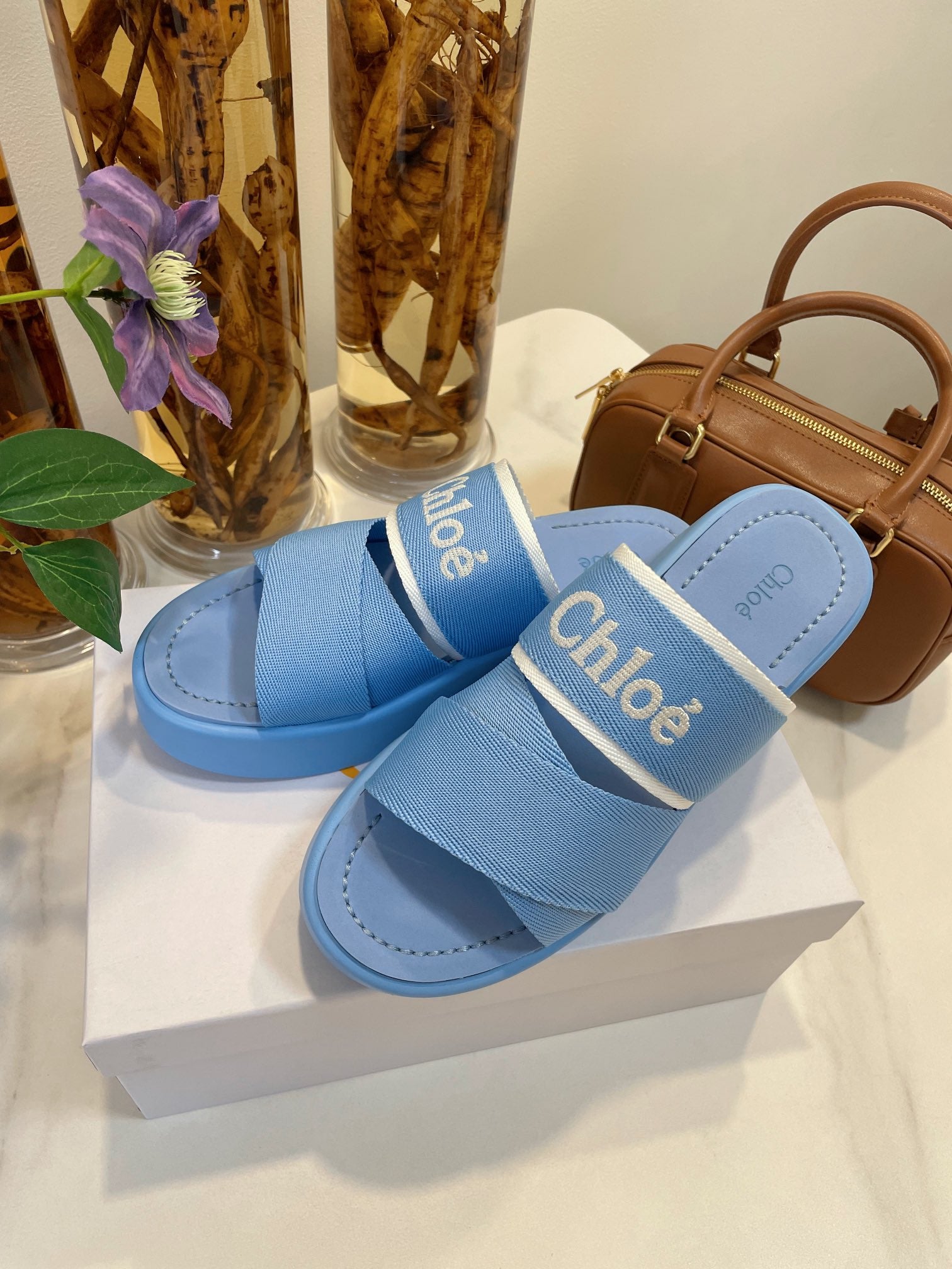 WOODY WEDGE SANDALS IN CERULEAN BLUE CANVAS WITH RUBBER SOLE