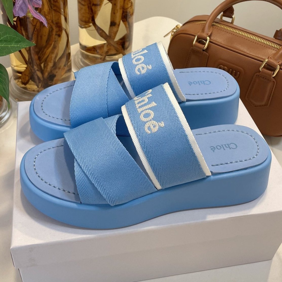 CHLOÉ WOODY WEDGE SANDALS IN CERULEAN BLUE CANVAS WITH RUBBER SOLE