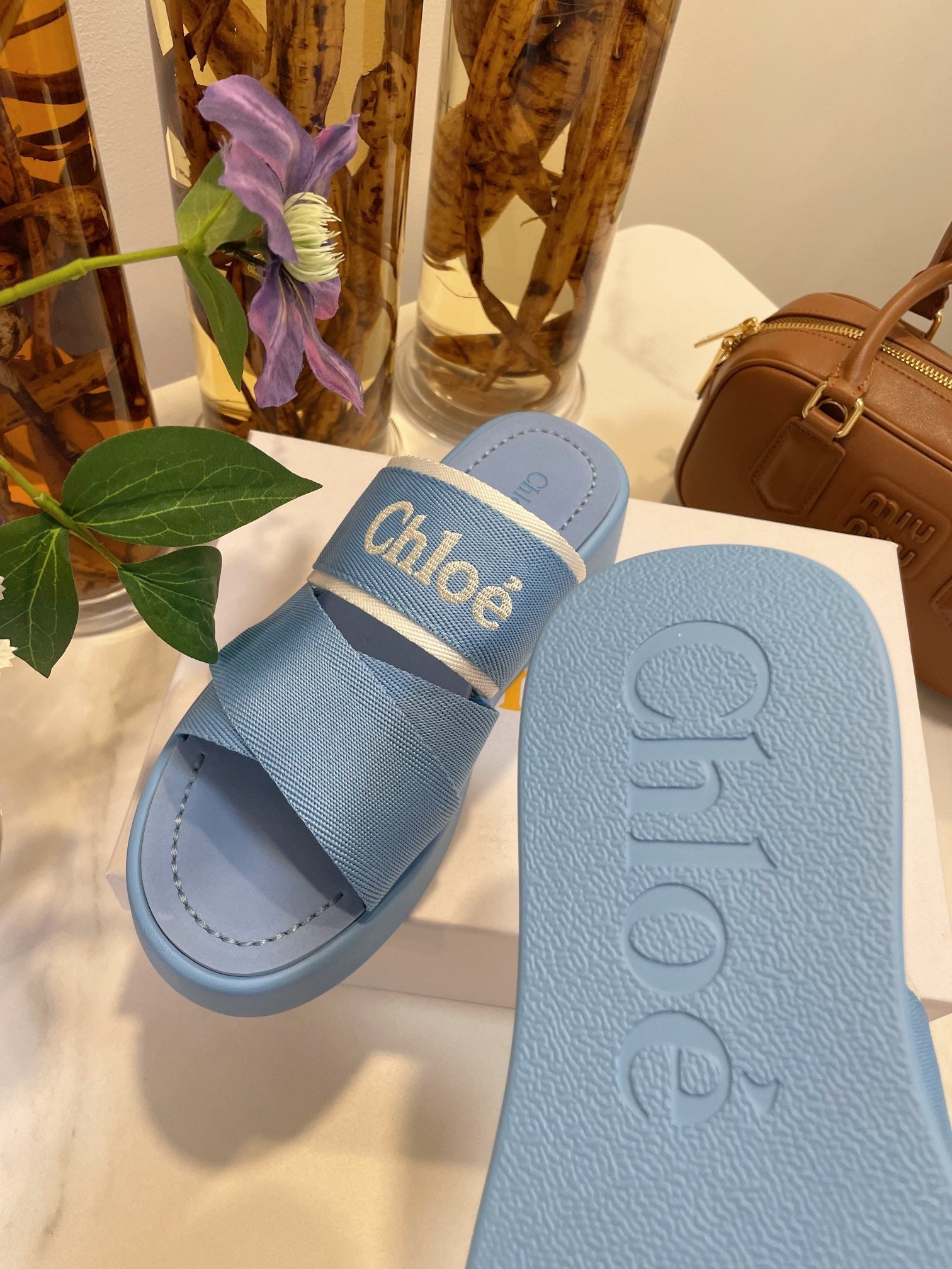 WOODY WEDGE SANDALS IN CERULEAN BLUE CANVAS WITH RUBBER SOLE