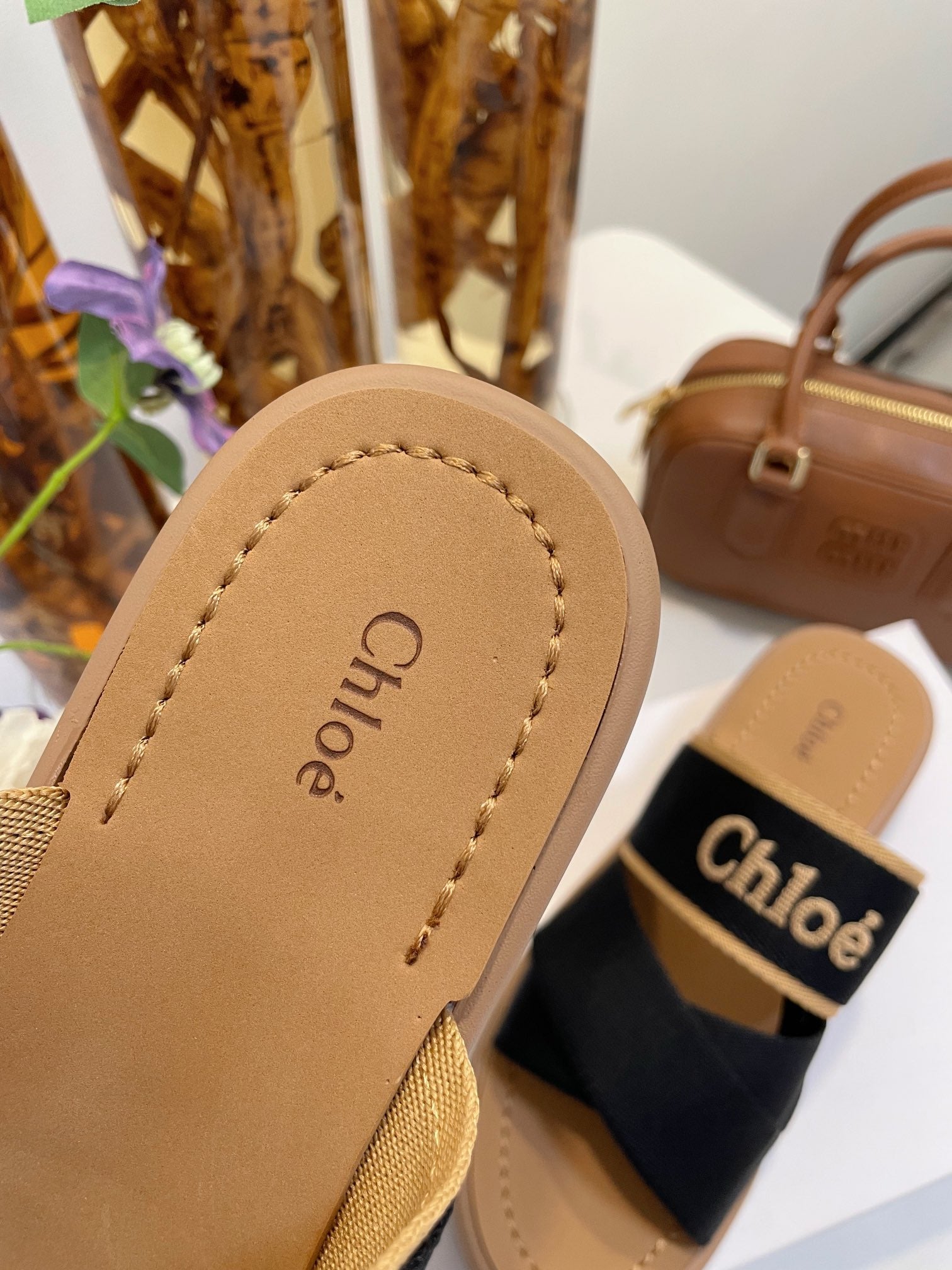 CHLOÉ WOODY WEDGE SANDALS IN BLACK CANVAS WITH CIDER BROWN RUBBER SOLE