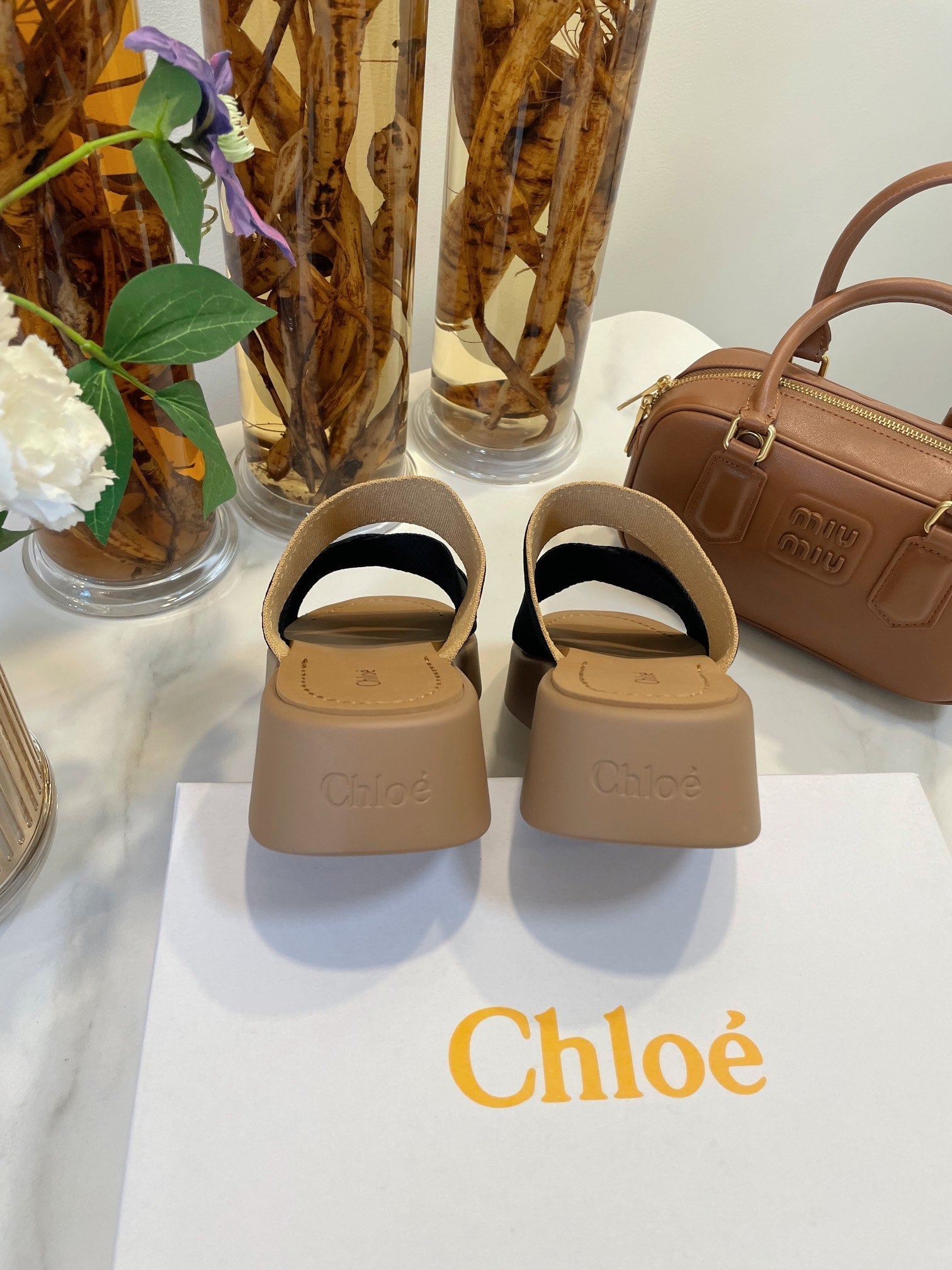 CHLOÉ WOODY WEDGE SANDALS IN BLACK CANVAS WITH CIDER BROWN RUBBER SOLE