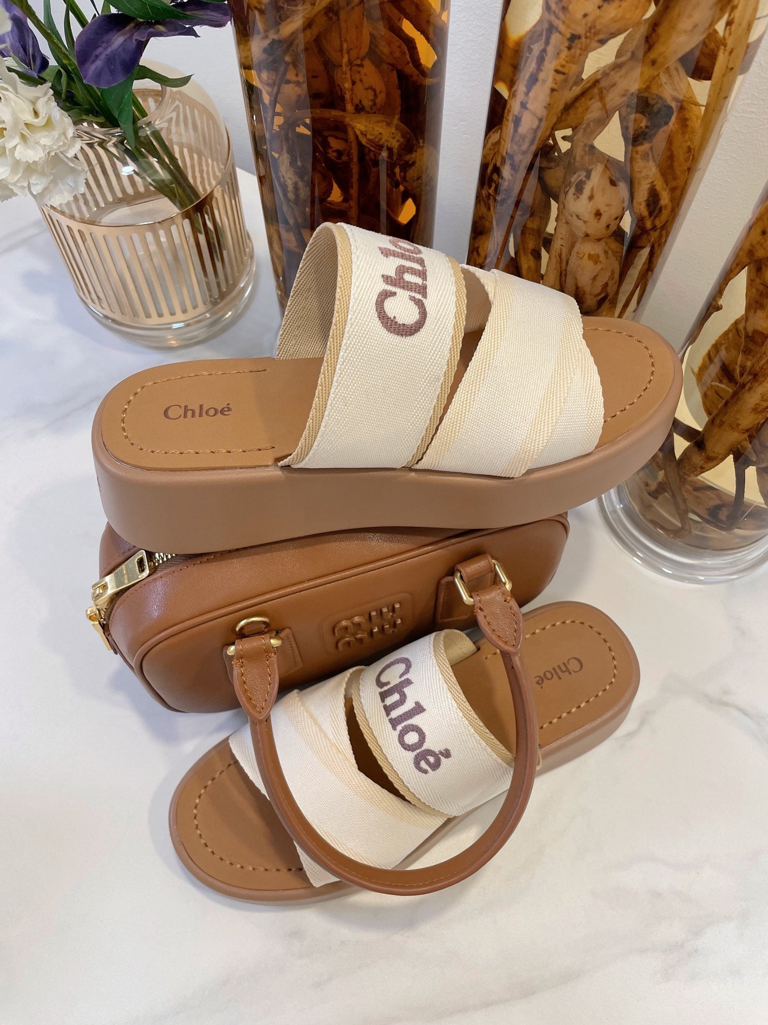 WOODY WEDGE SANDALS IN WHITE CANVAS WITH CIDER BROWN RUBBER SOLE