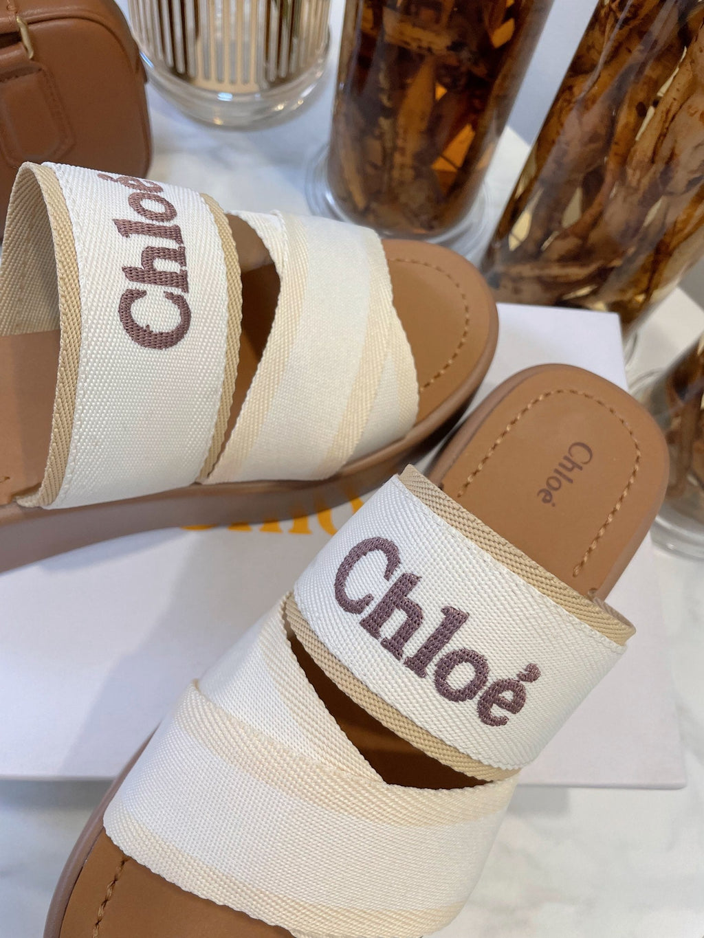 WOODY WEDGE SANDALS IN WHITE CANVAS WITH CIDER BROWN RUBBER SOLE