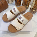 CHLOÉ WOODY WEDGE SANDALS IN WHITE CANVAS WITH CIDER BROWN RUBBER SOLE