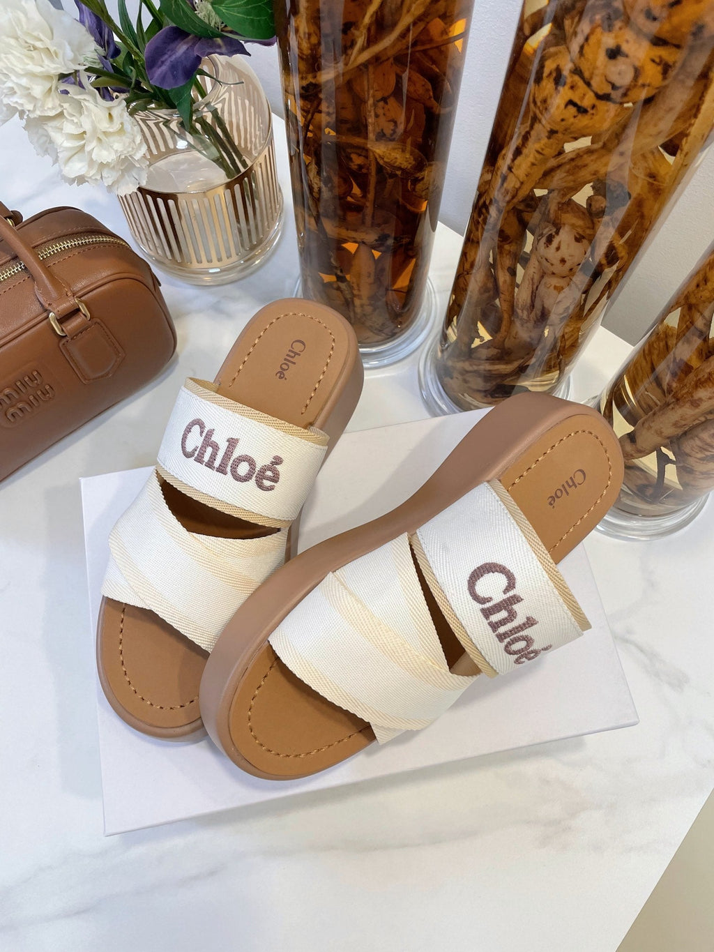 WOODY WEDGE SANDALS IN WHITE CANVAS WITH CIDER BROWN RUBBER SOLE