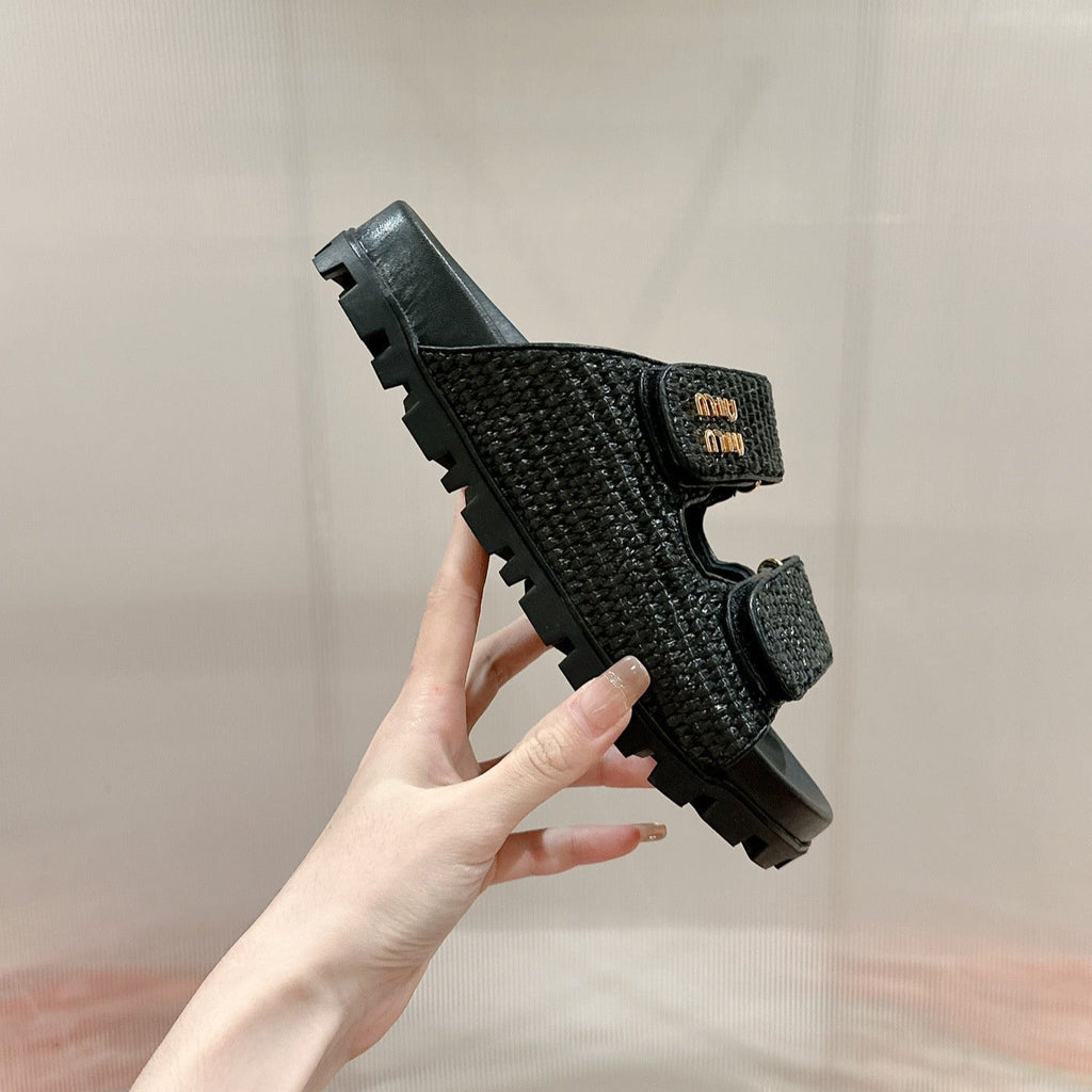 Women's Sandals Black Sheepskin With Straps