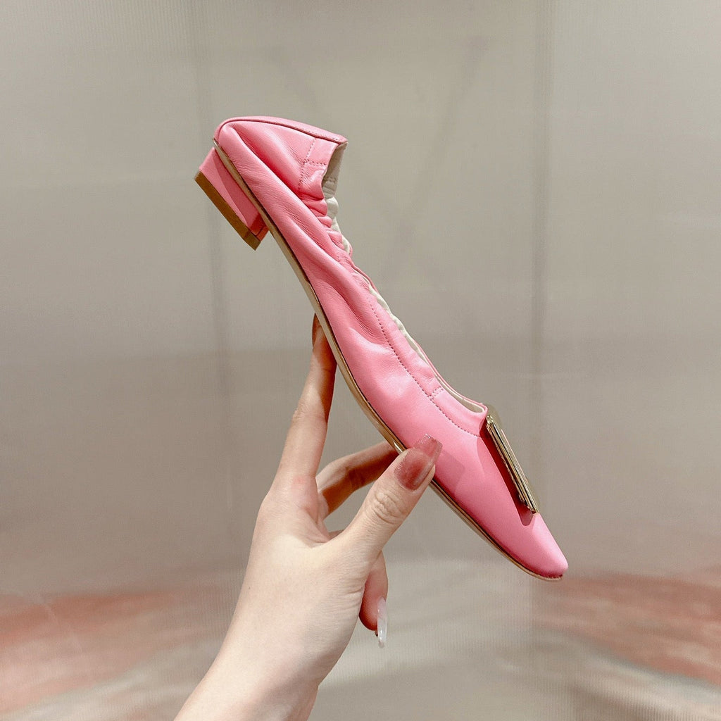 BELLE VIVIER BALLERINAS IN PINK SHINY LAMBSKIN GOLD PATENT SQUARE BUCKLE