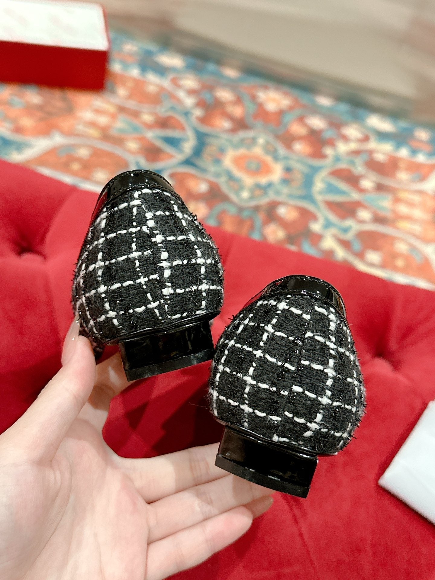 TROMPETTE BALLERINAS IN BLACK TWEED WITH WHITE STRIPES